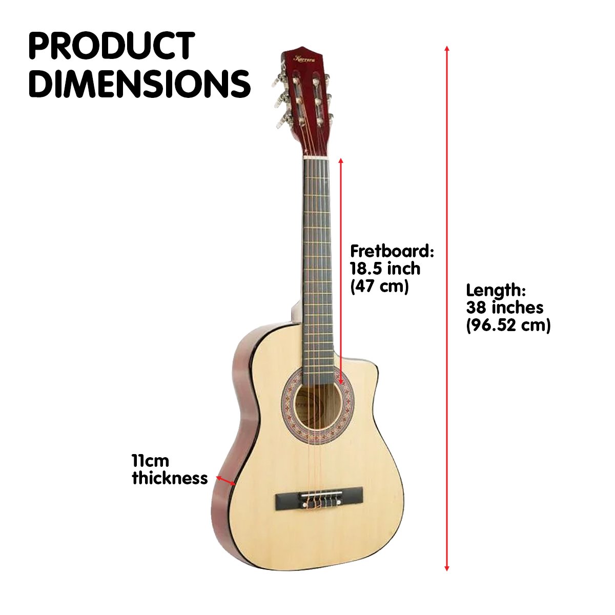 Karrera 38in Pro Cutaway Acoustic Guitar in natural finish with accessories including a guitar bag, capo, and picks.