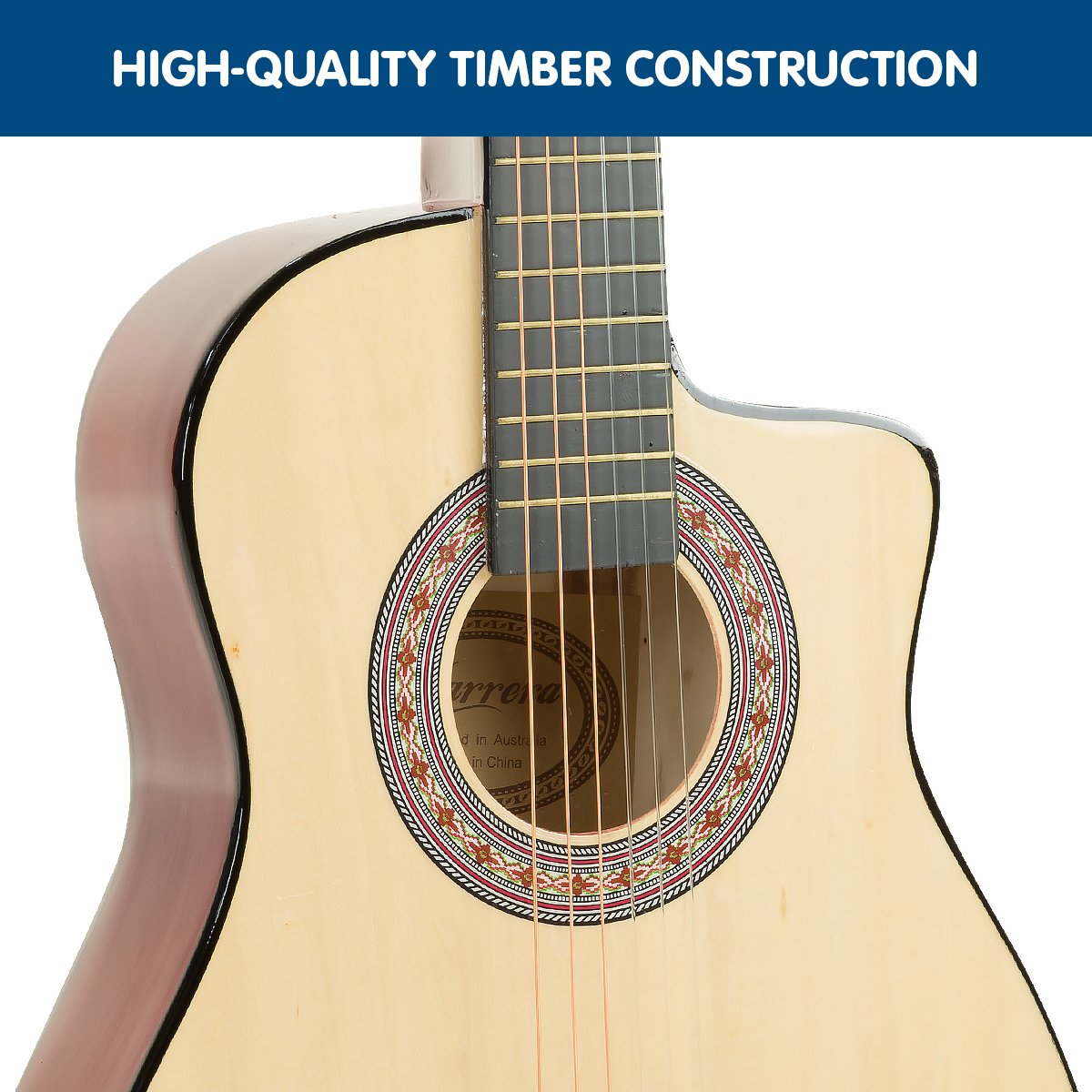 Karrera 38in Pro Cutaway Acoustic Guitar in natural finish with accessories including a guitar bag, capo, and picks.