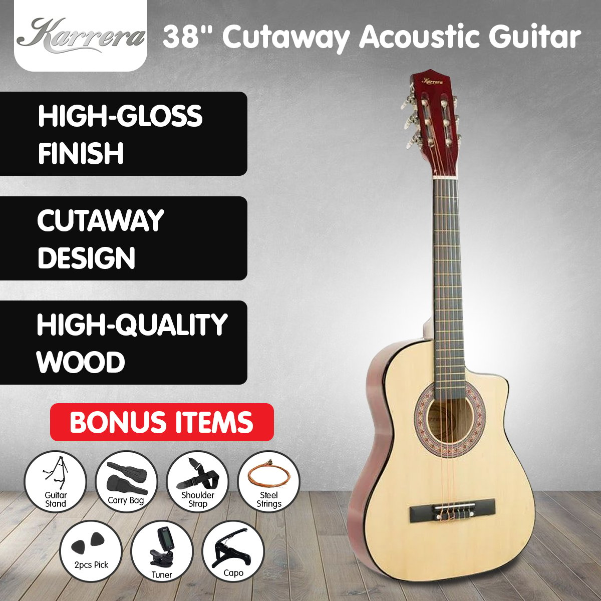 Karrera 38in Pro Cutaway Acoustic Guitar in natural finish with accessories including a guitar bag, capo, and picks.