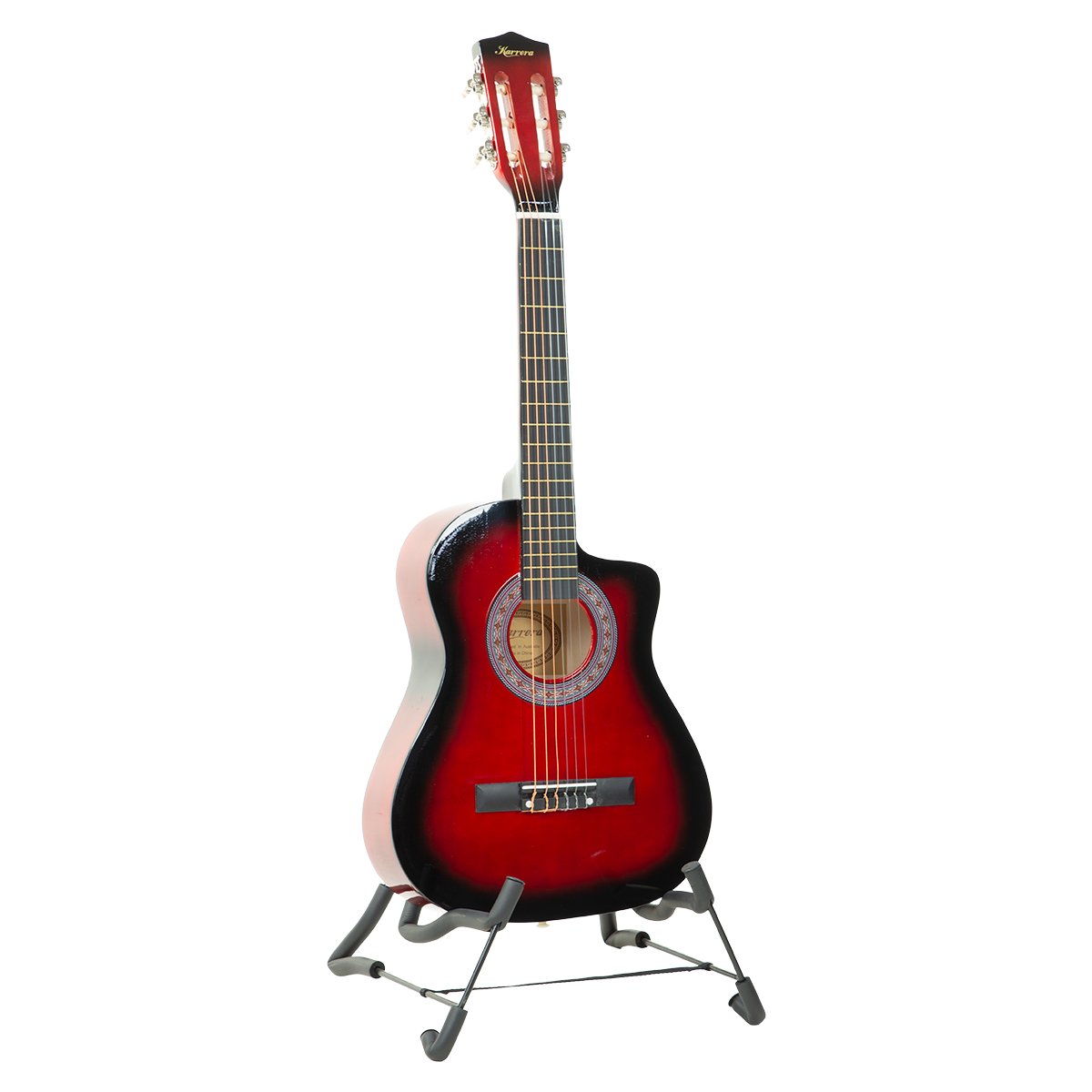 Karrera 38in Pro Cutaway Acoustic Guitar in Red Burst with a high-gloss finish, showcasing its elegant design and craftsmanship.