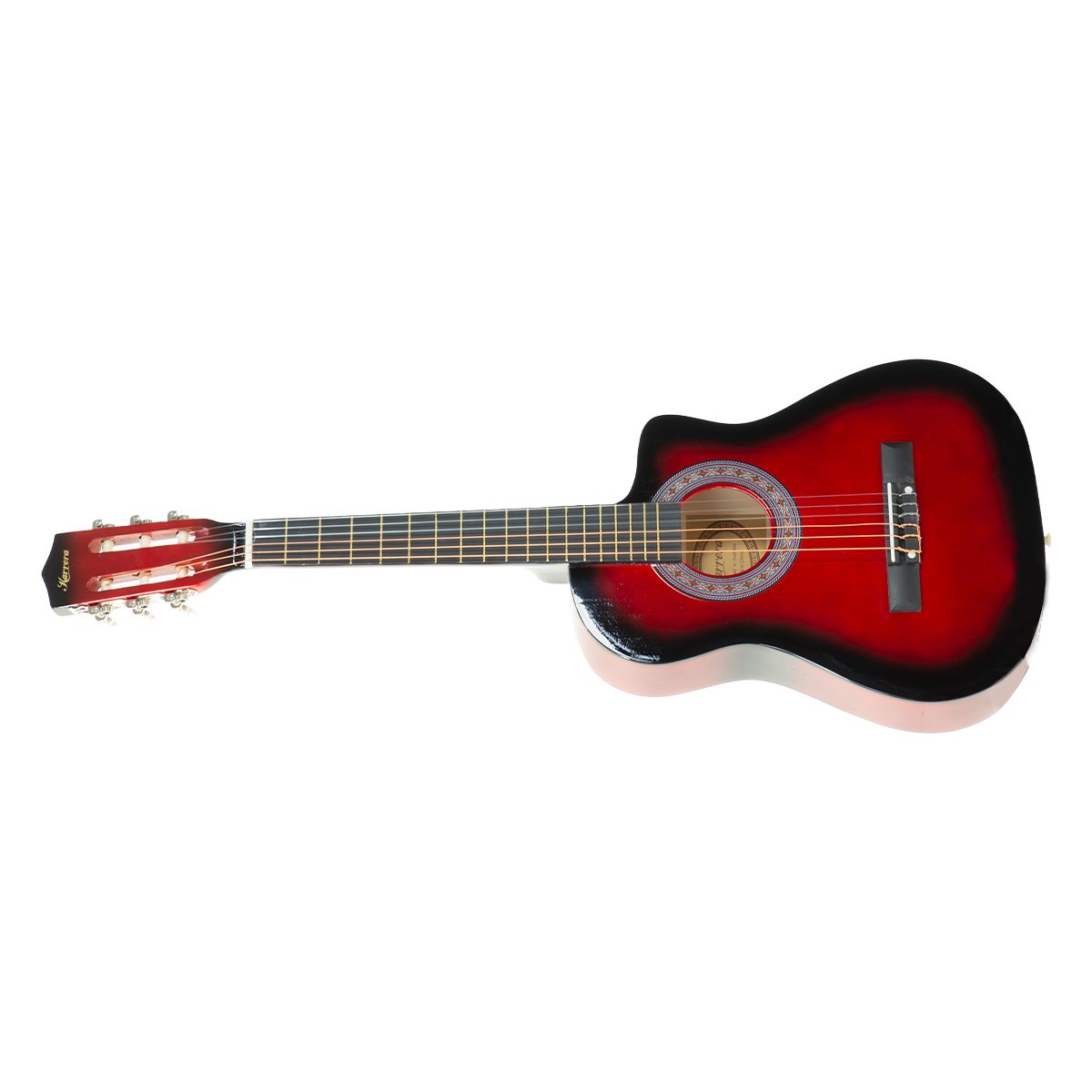 Karrera 38in Pro Cutaway Acoustic Guitar in Red Burst with a high-gloss finish, showcasing its elegant design and craftsmanship.