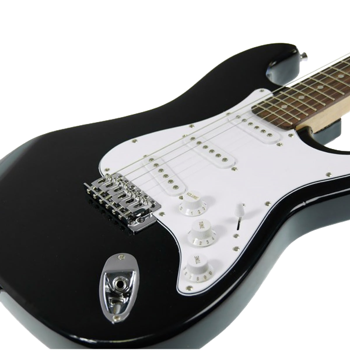 Karrera 39in Electric Guitar in Black with adjustable bridge and removable whammy bar.