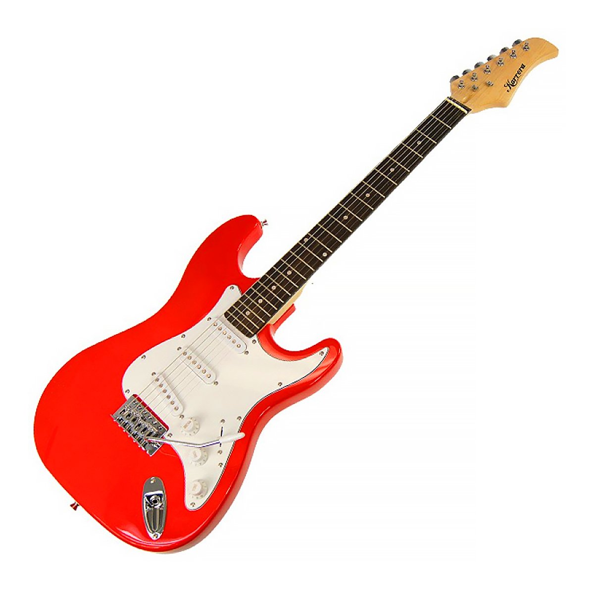 Karrera 39in Electric Guitar in Red with adjustable bridge and removable whammy bar, showcasing its glossy finish and pickguard.