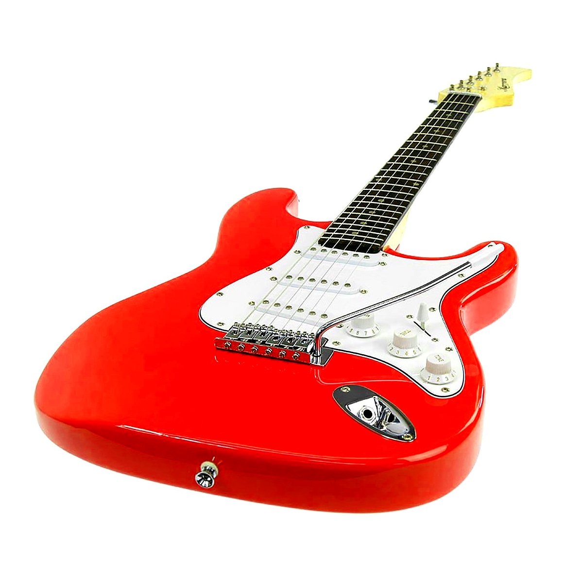 Karrera 39in Electric Guitar in Red with adjustable bridge and removable whammy bar, showcasing its glossy finish and pickguard.