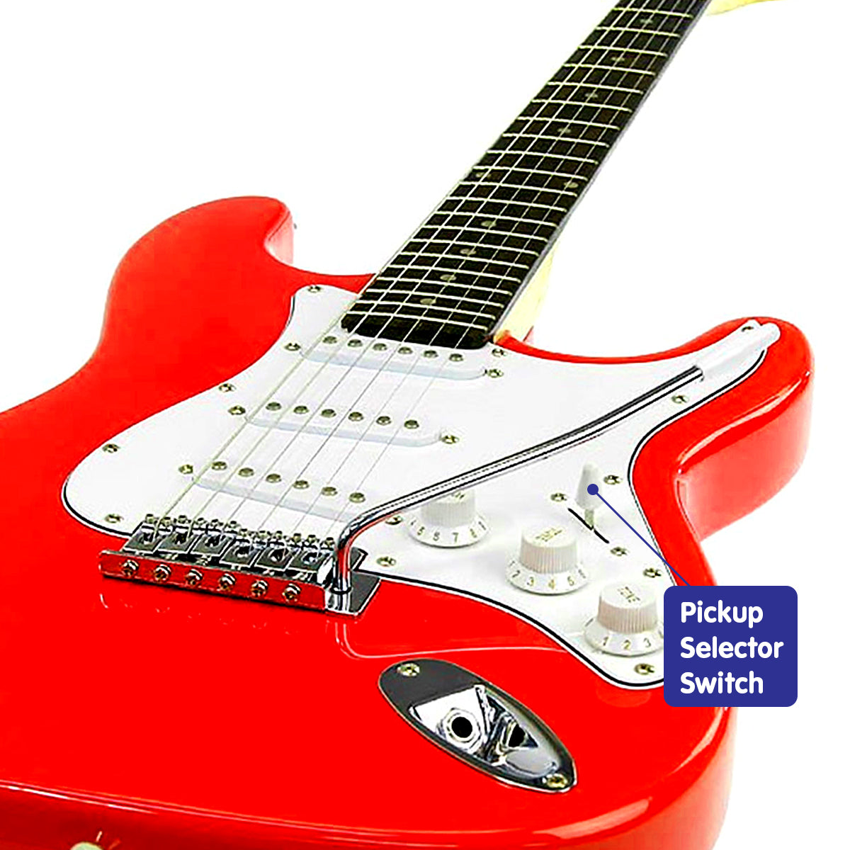 Karrera 39in Electric Guitar in Red with adjustable bridge and removable whammy bar, showcasing its glossy finish and pickguard.