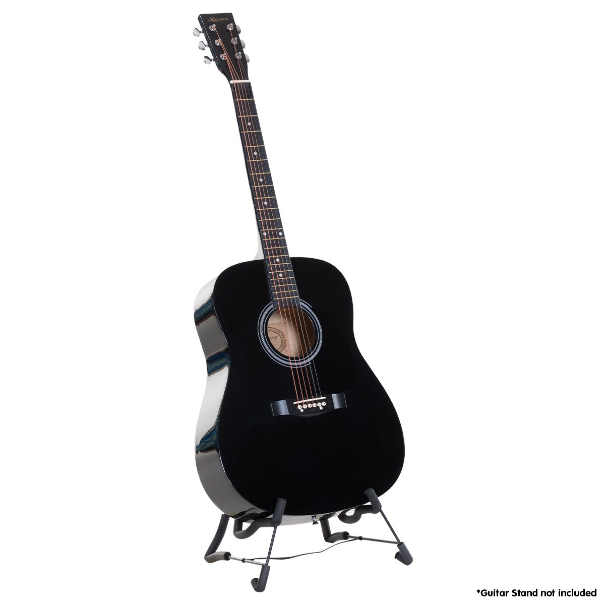 Karrera 41-inch acoustic wooden guitar in black with a high-gloss finish, displayed with a protective carry bag and accessories.