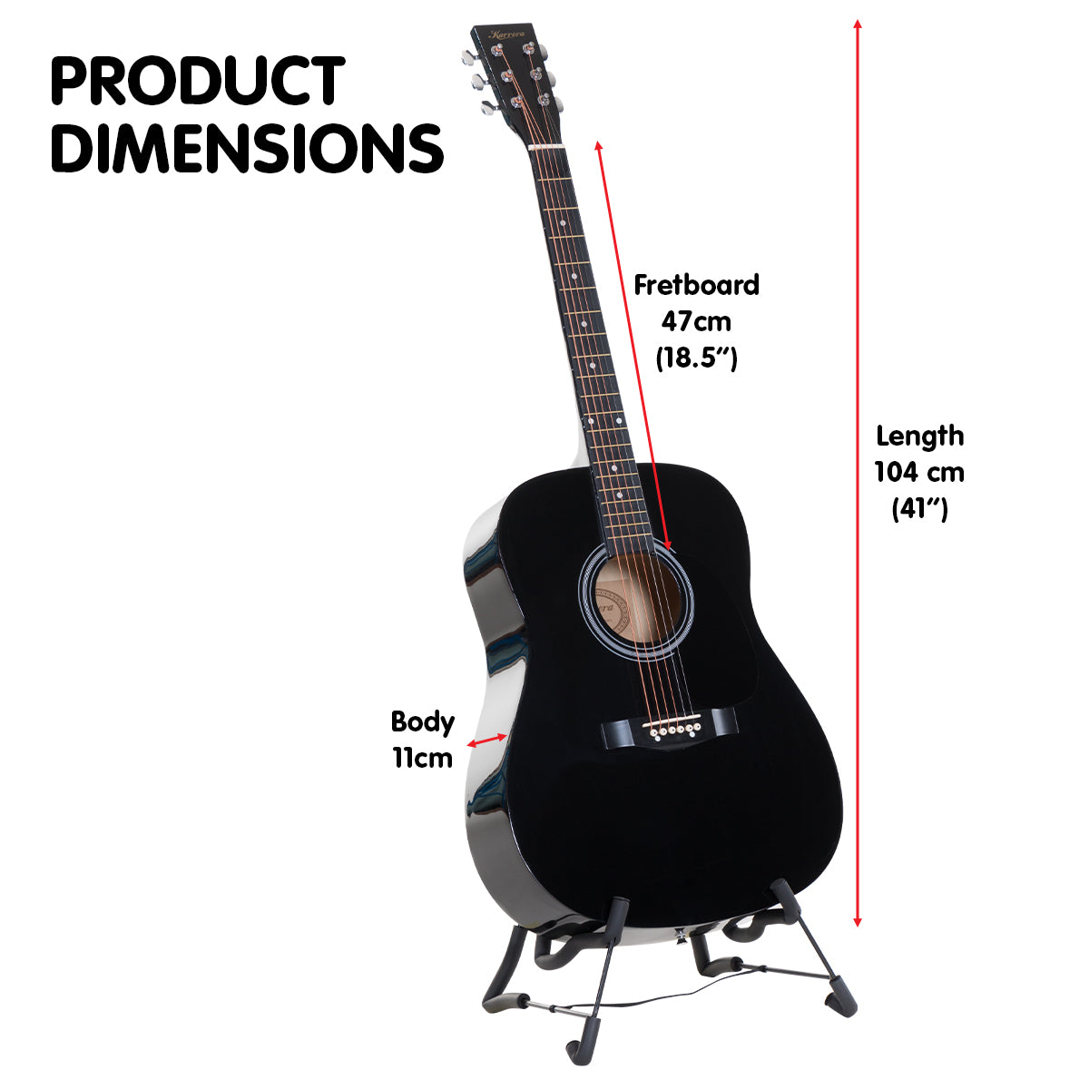 Karrera 41-inch acoustic wooden guitar in black with a high-gloss finish, displayed with a protective carry bag and accessories.