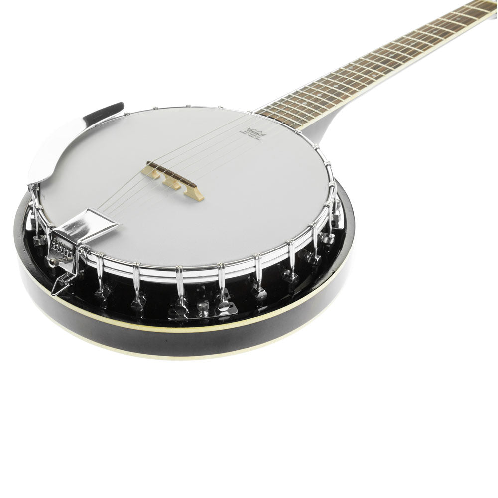 Karrera 6 String Resonator Banjo in black, showcasing its high-gloss finish and quality craftsmanship.