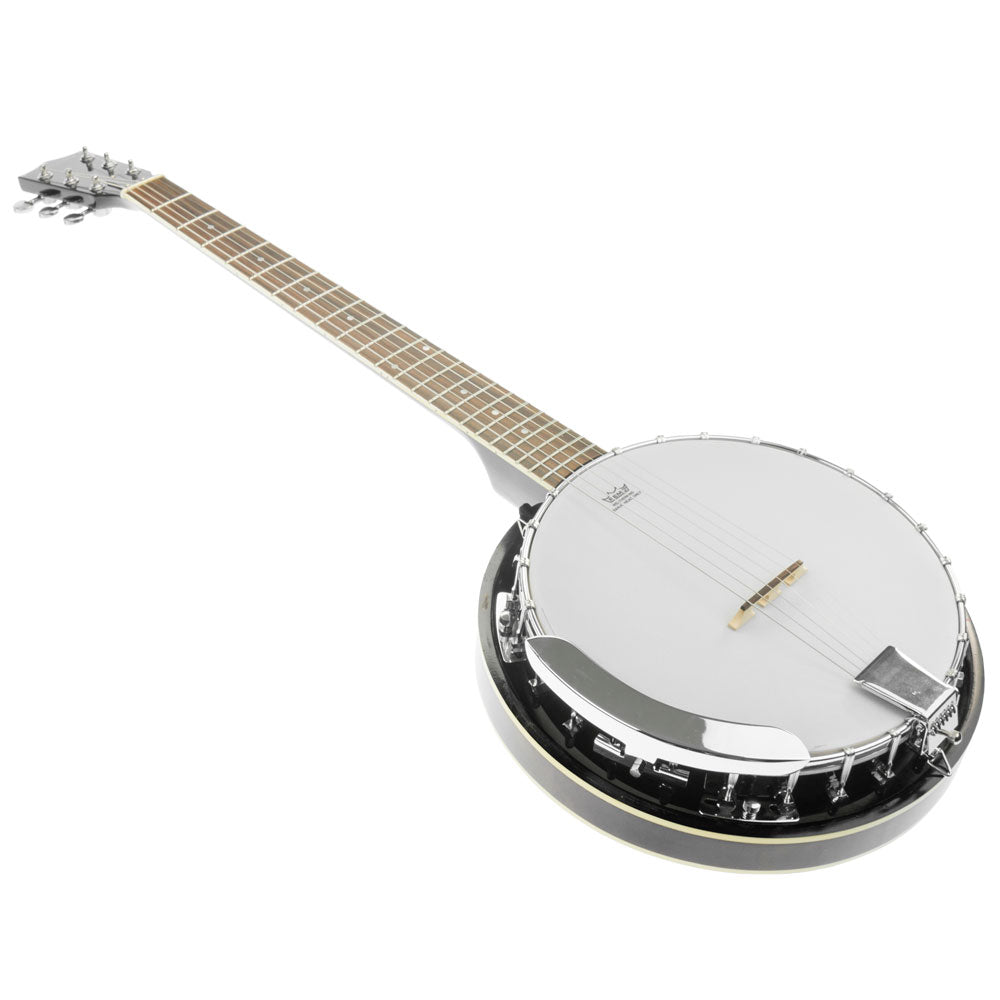 Karrera 6 String Resonator Banjo in black, showcasing its high-gloss finish and quality craftsmanship.