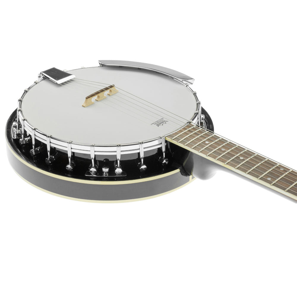 Karrera 6 String Resonator Banjo in black, showcasing its high-gloss finish and quality craftsmanship.