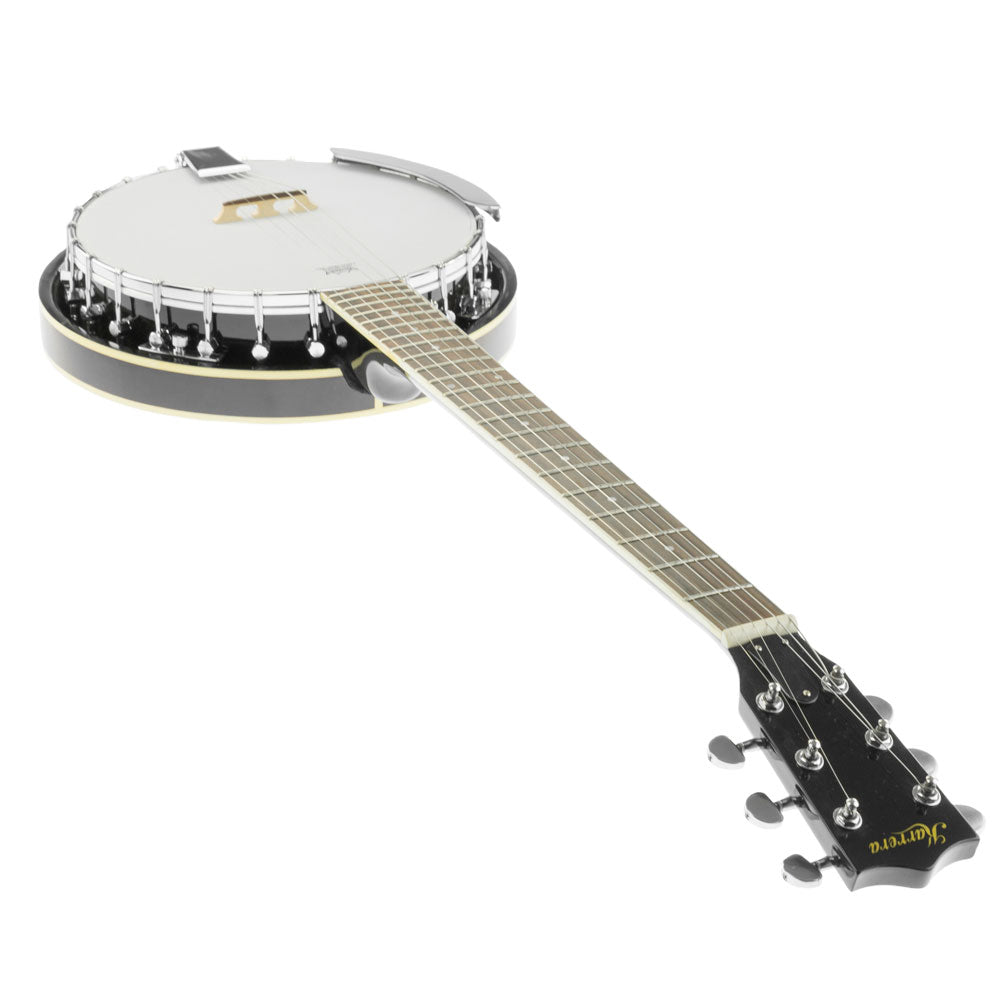 Karrera 6 String Resonator Banjo in black, showcasing its high-gloss finish and quality craftsmanship.