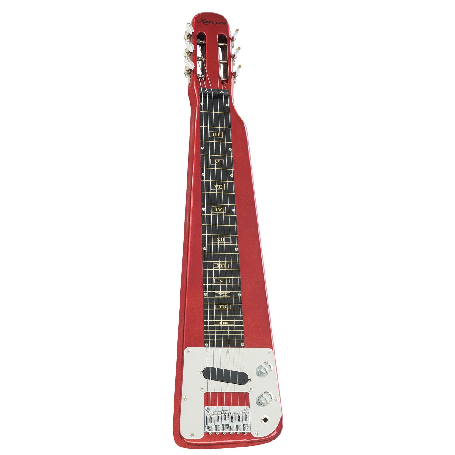 Karrera 6-String Steel Lap Guitar in Metallic Red with a high-gloss finish, showcasing its unique design and premium hardware.