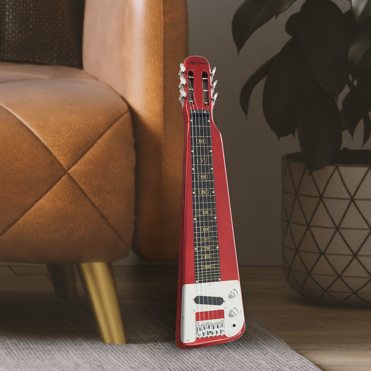 Karrera 6-String Steel Lap Guitar in Metallic Red with a high-gloss finish, showcasing its unique design and premium hardware.