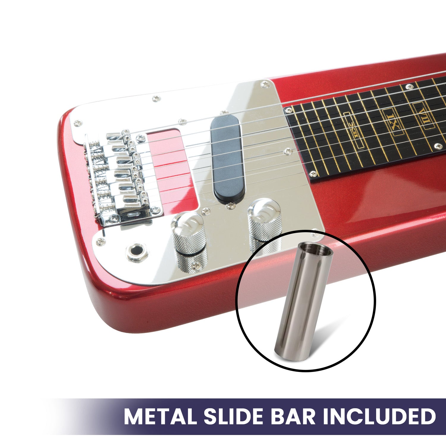 Karrera 6-String Steel Lap Guitar in Metallic Red with a high-gloss finish, showcasing its unique design and premium hardware.