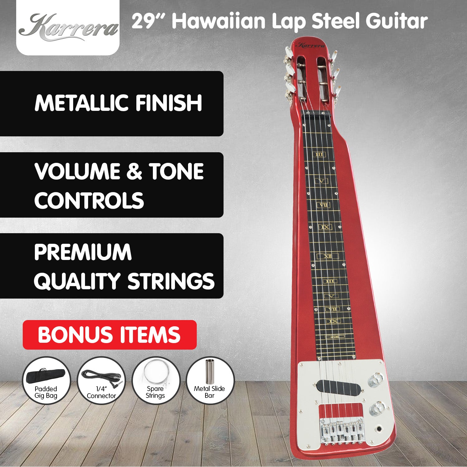 Karrera 6-String Steel Lap Guitar in Metallic Red with a high-gloss finish, showcasing its unique design and premium hardware.