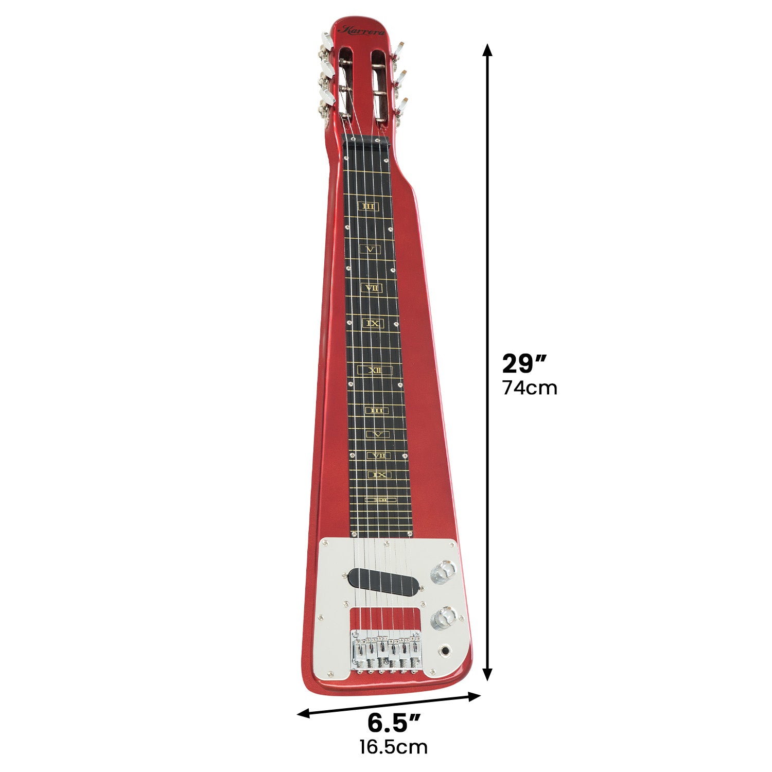 Karrera 6-String Steel Lap Guitar in Metallic Red with a high-gloss finish, showcasing its unique design and premium hardware.