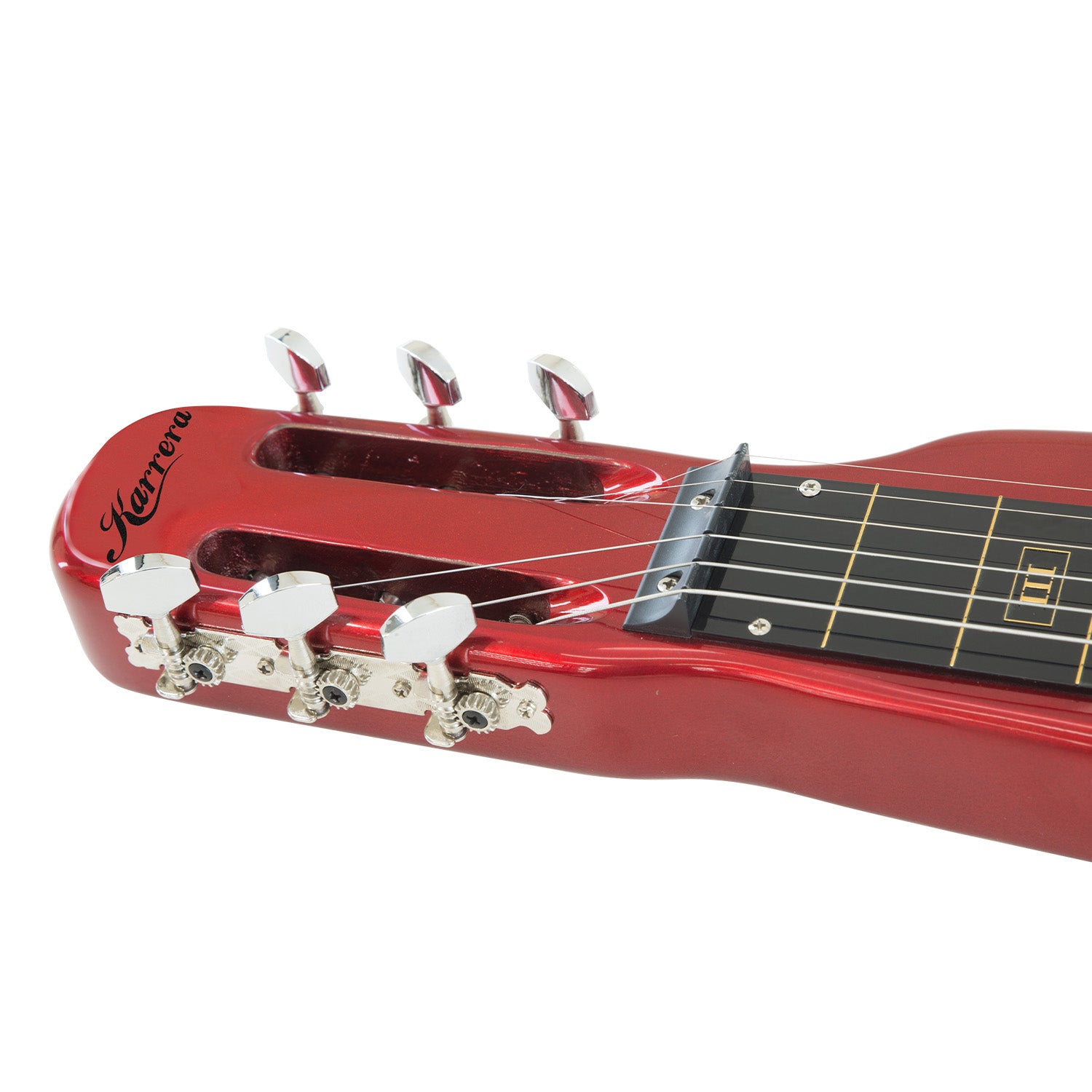 Karrera 6-String Steel Lap Guitar in Metallic Red with a high-gloss finish, showcasing its unique design and premium hardware.