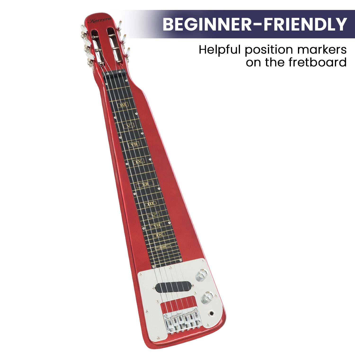 Karrera 6-String Steel Lap Guitar in Metallic Red with a high-gloss finish, showcasing its unique design and premium hardware.