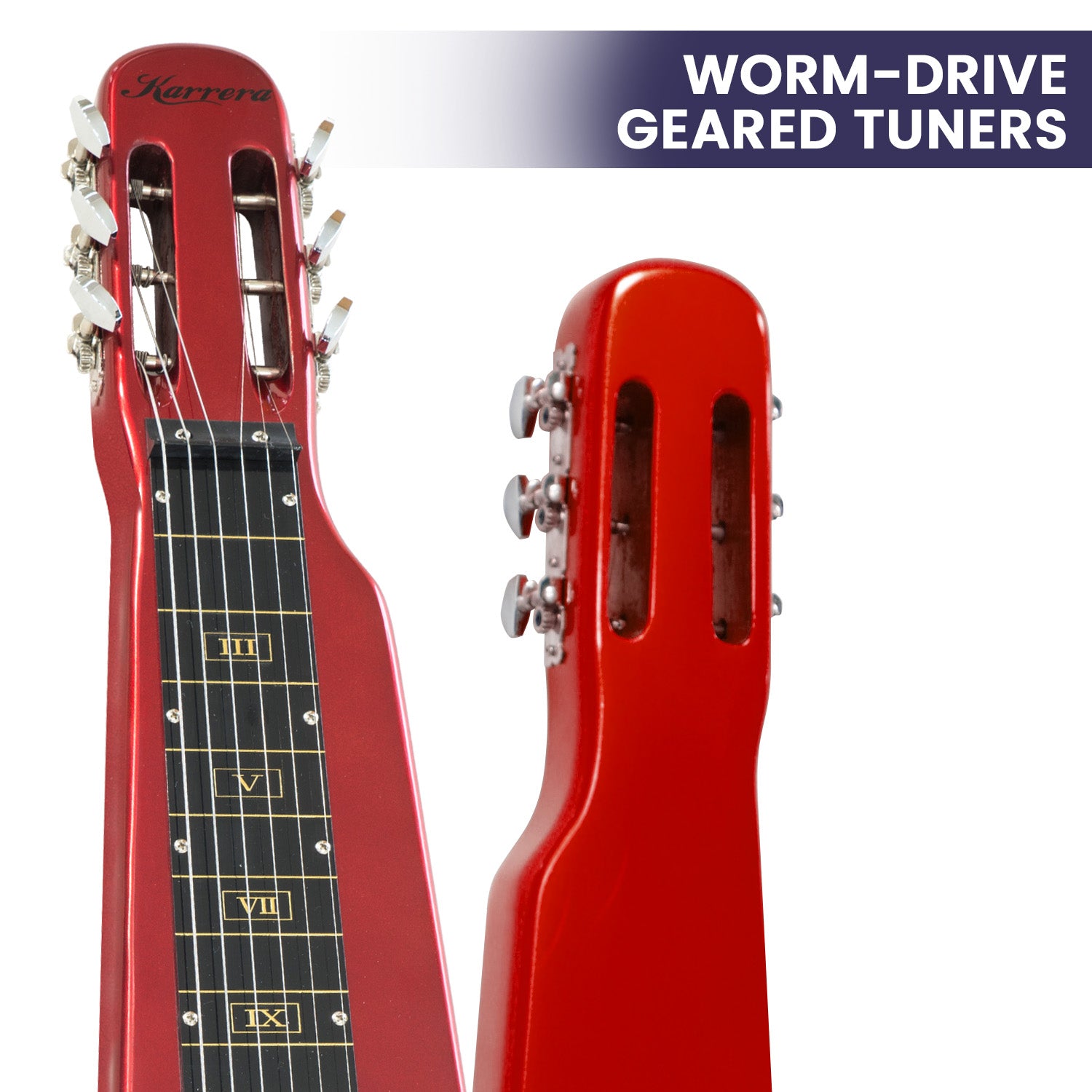 Karrera 6-String Steel Lap Guitar in Metallic Red with a high-gloss finish, showcasing its unique design and premium hardware.