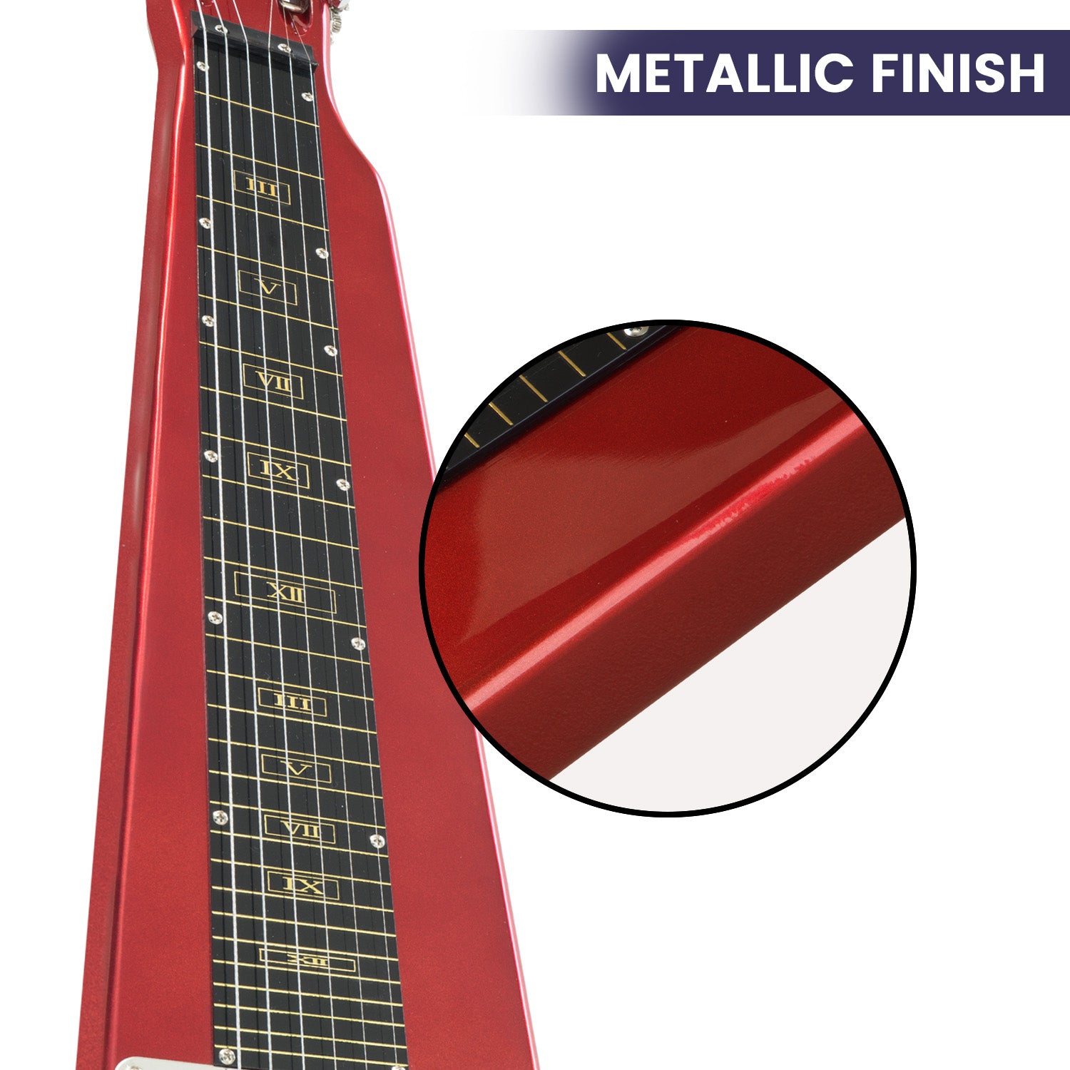 Karrera 6-String Steel Lap Guitar in Metallic Red with a high-gloss finish, showcasing its unique design and premium hardware.