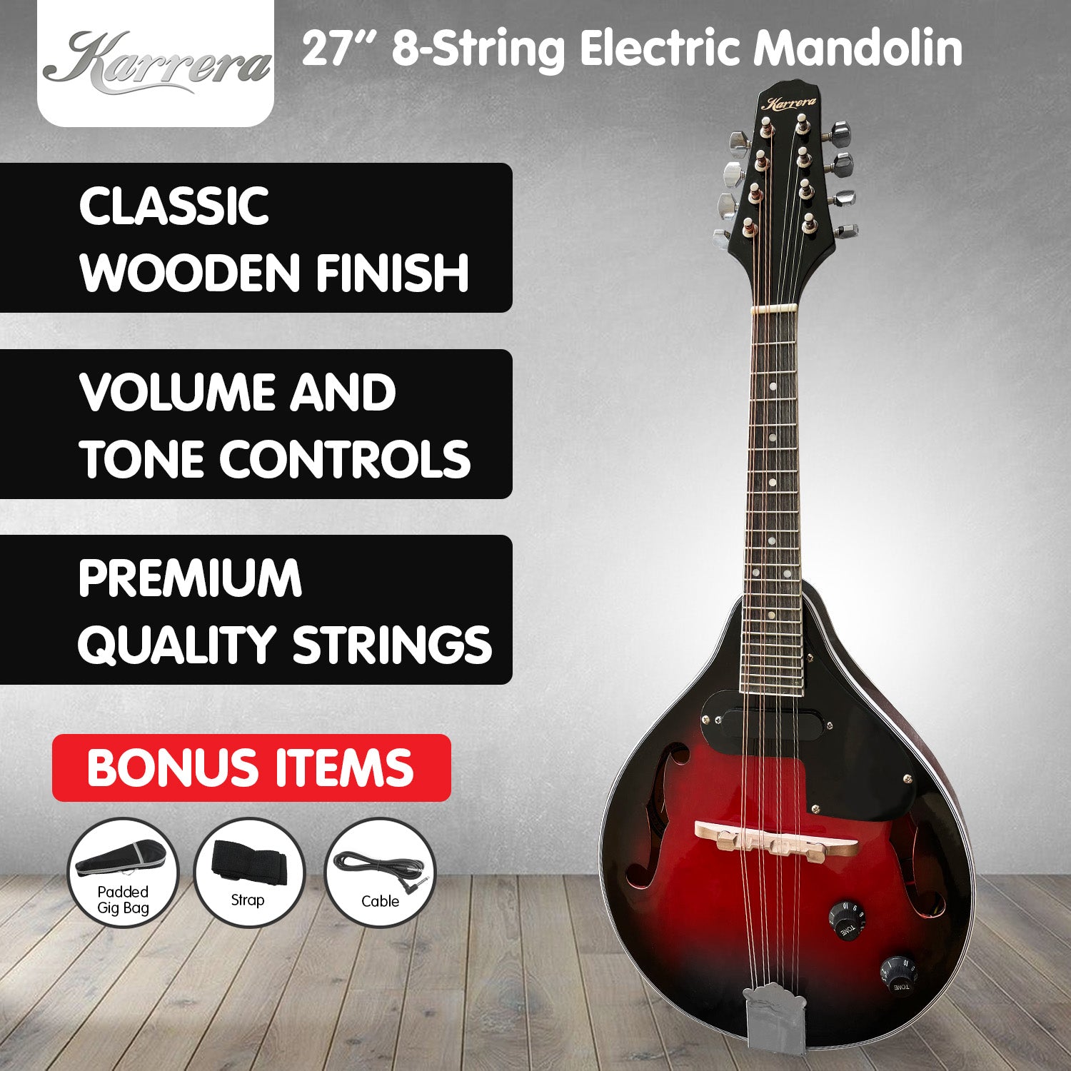 Karrera 8-String Electric Mandolin with high-gloss finish and worm-drive tuner, showcasing its elegant design and quality craftsmanship.