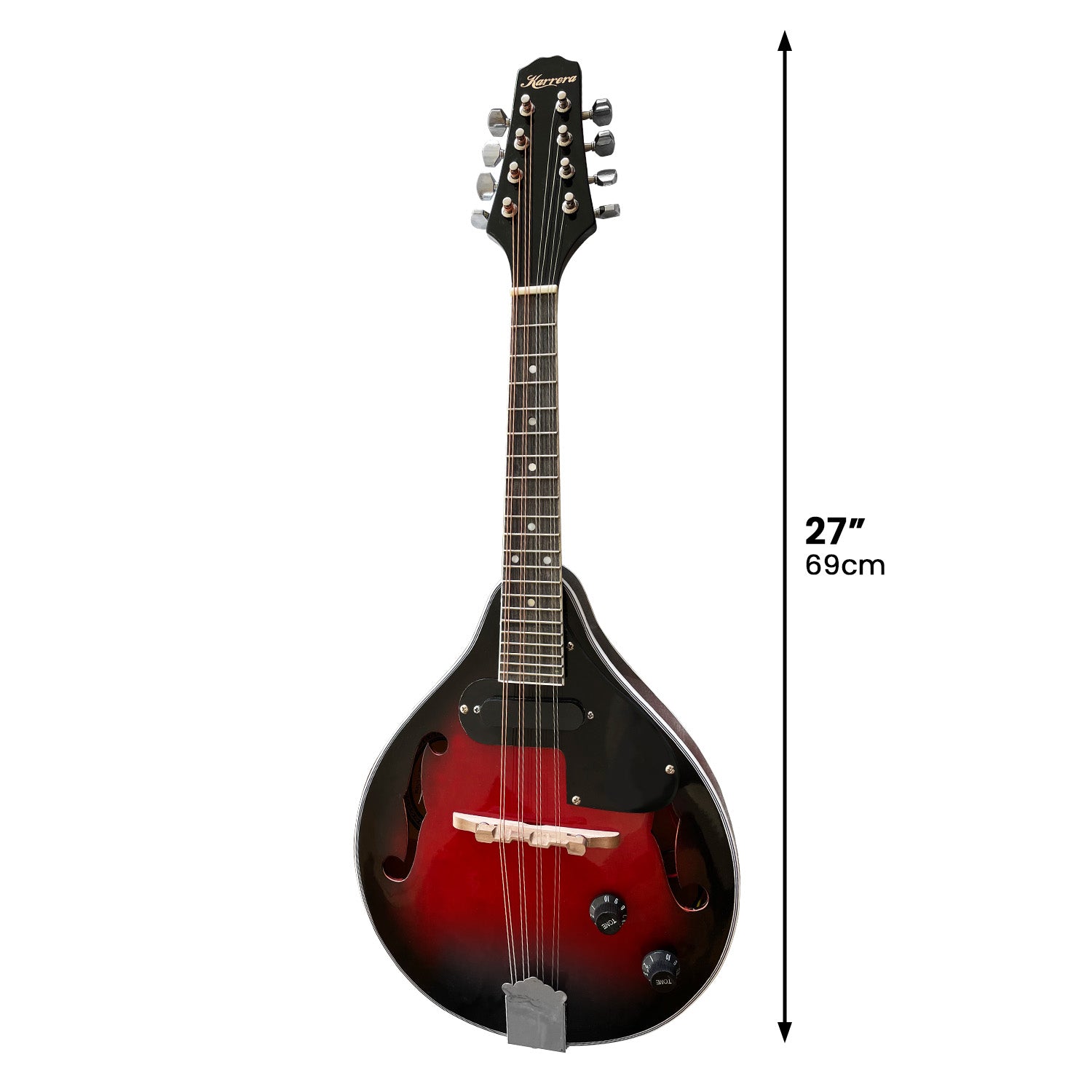 Karrera 8-String Electric Mandolin with high-gloss finish and worm-drive tuner, showcasing its elegant design and quality craftsmanship.