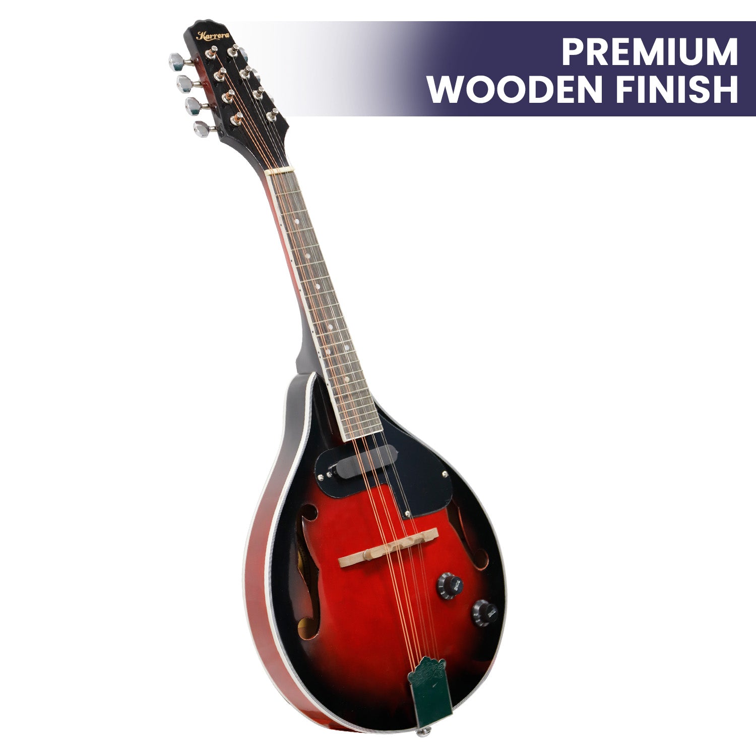 Karrera 8-String Electric Mandolin with high-gloss finish and worm-drive tuner, showcasing its elegant design and quality craftsmanship.