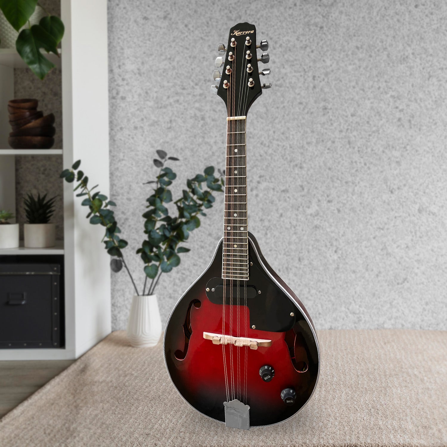 Karrera 8-String Electric Mandolin with high-gloss finish and worm-drive tuner, showcasing its elegant design and quality craftsmanship.