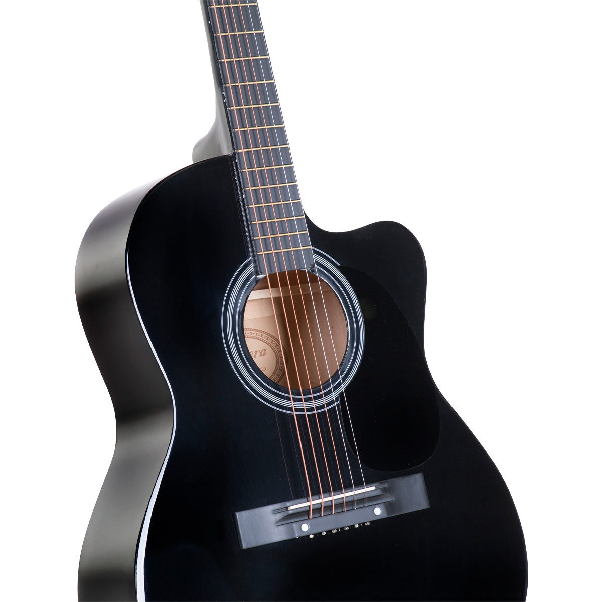 Karrera Acoustic Cutaway 40in Guitar in Black, showcasing its high-gloss finish and elegant design.