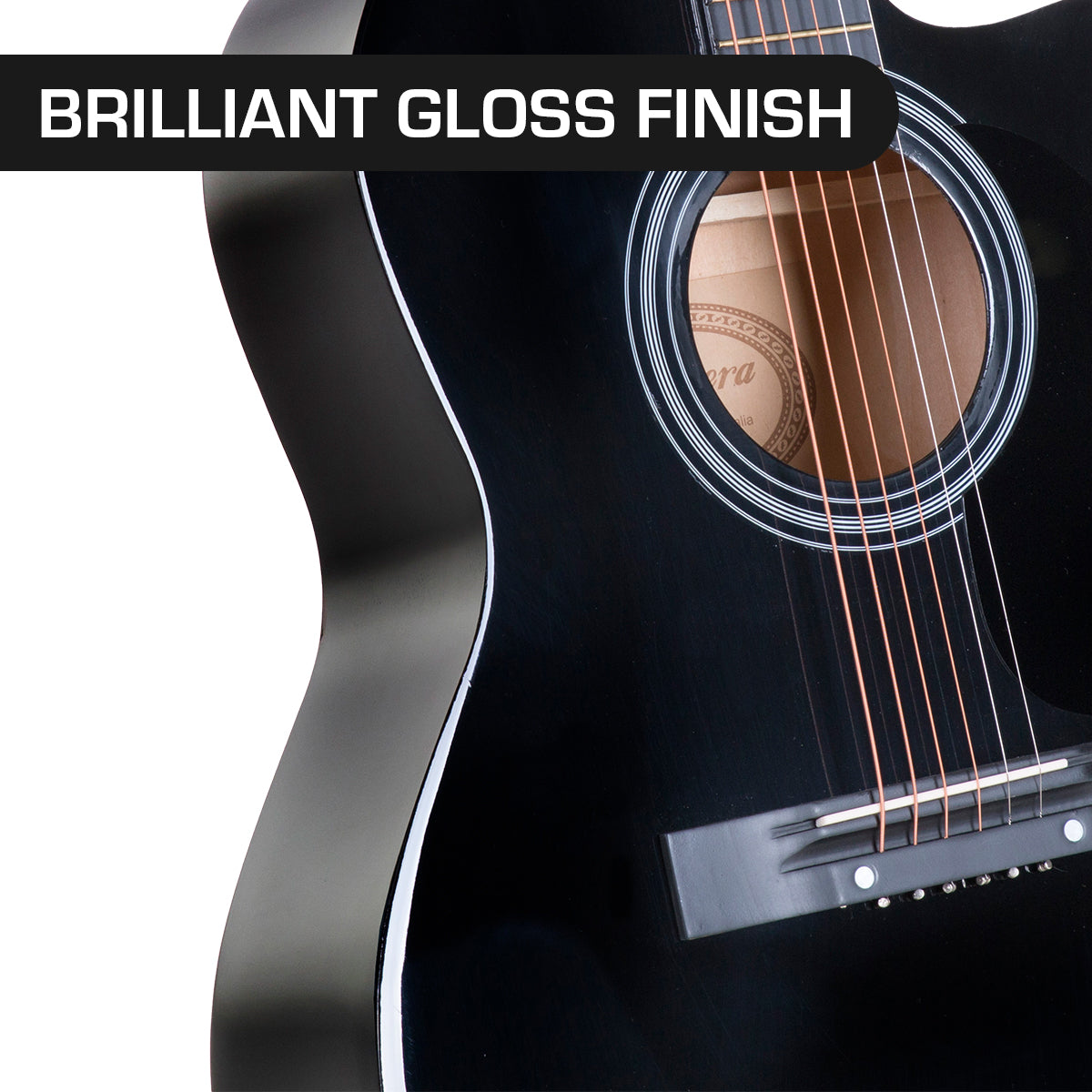 Karrera Acoustic Cutaway 40in Guitar in Black, showcasing its high-gloss finish and elegant design.