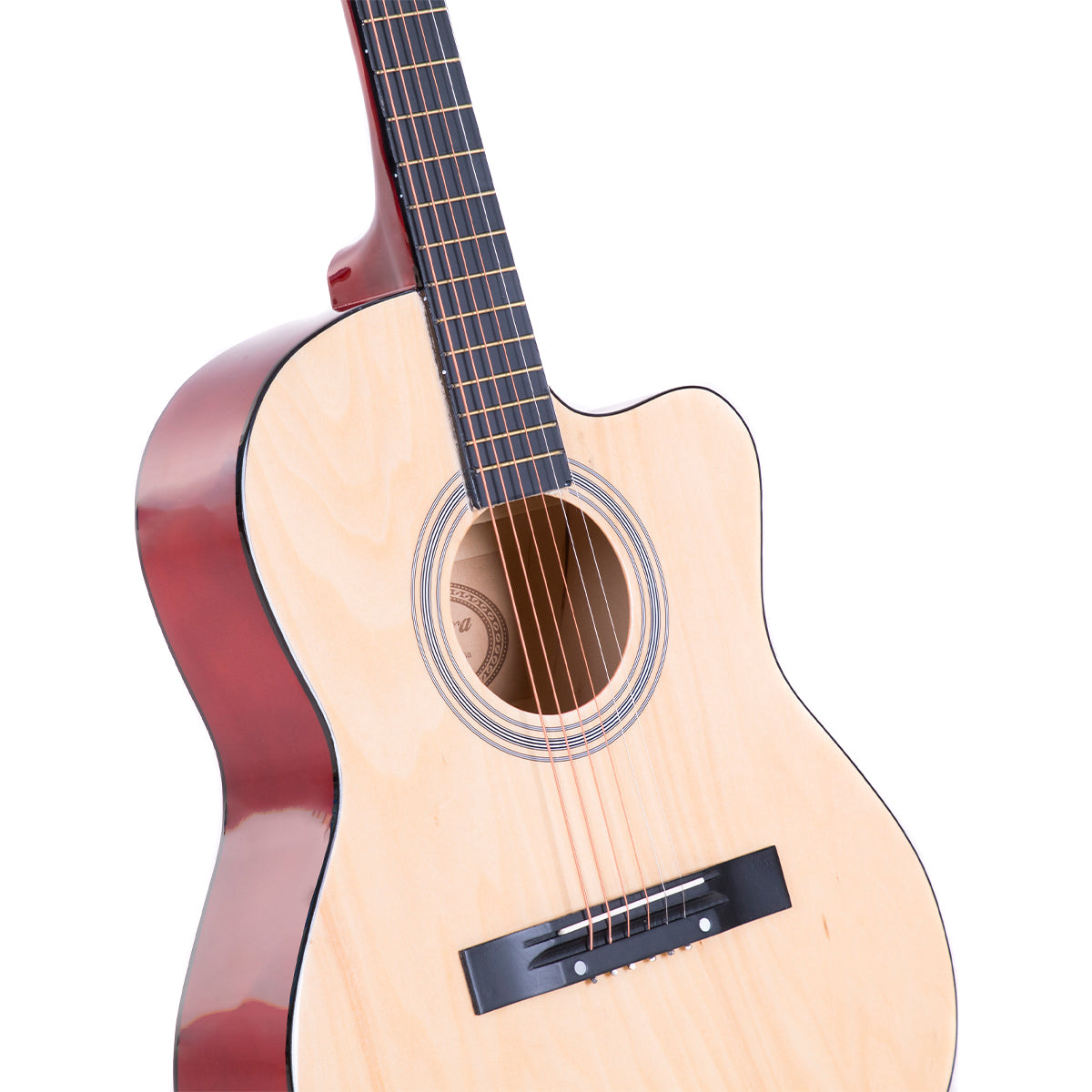 Karrera Acoustic Cutaway 40in Guitar in Natural finish, showcasing its elegant design and high-gloss surface.