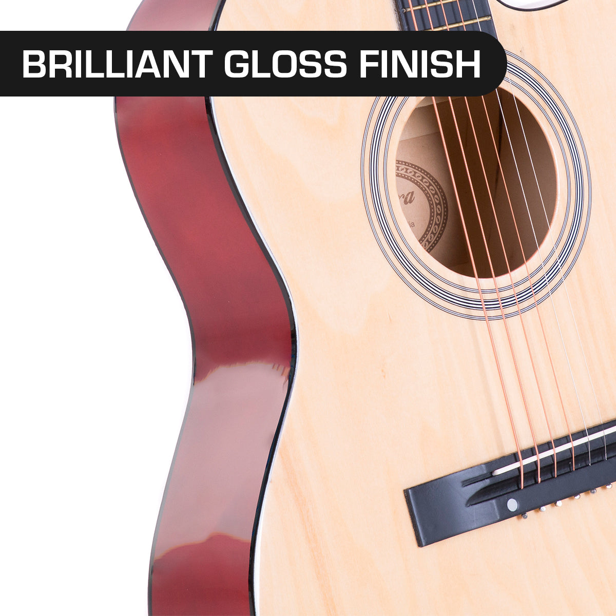 Karrera Acoustic Cutaway 40in Guitar in Natural finish, showcasing its elegant design and high-gloss surface.