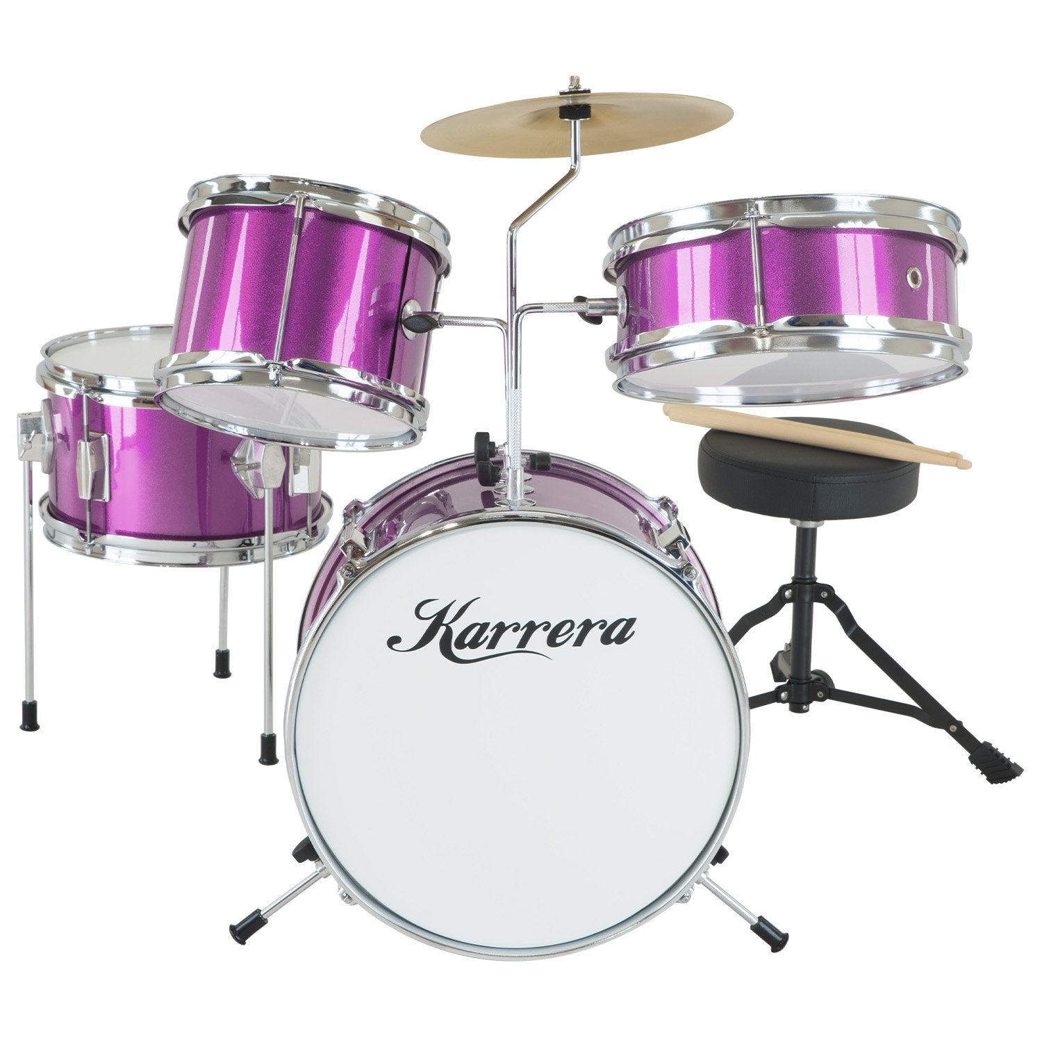 Karrera Children's 4pc Drum Kit in Purple with bass drum, toms, snare, cymbal, and drumsticks.