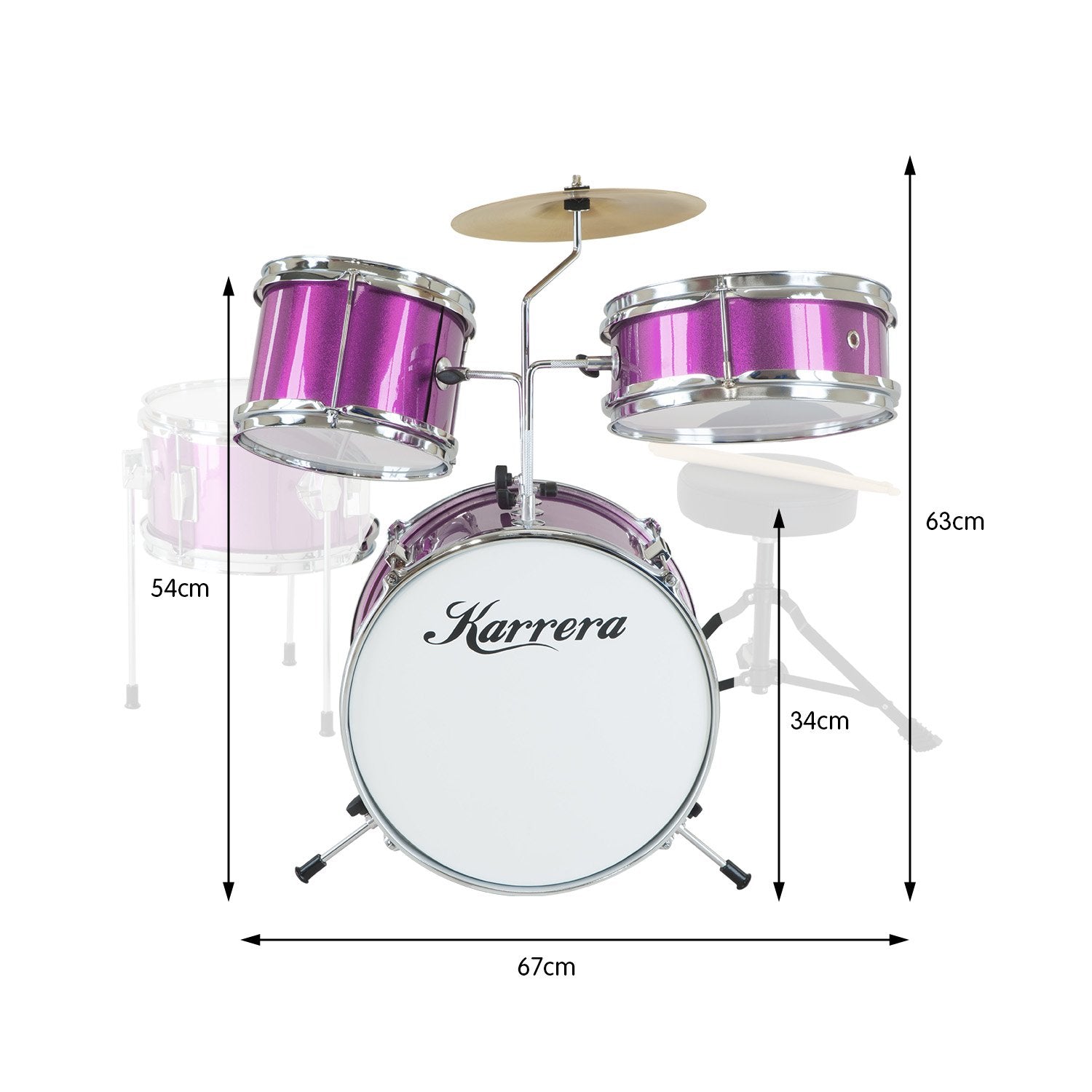 Karrera Children's 4pc Drum Kit in Purple with bass drum, toms, snare, cymbal, and drumsticks.