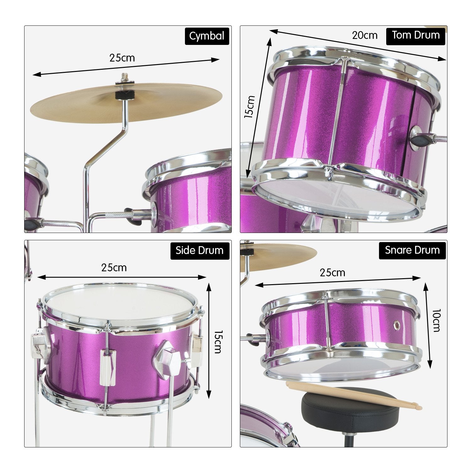 Karrera Children's 4pc Drum Kit in Purple with bass drum, toms, snare, cymbal, and drumsticks.