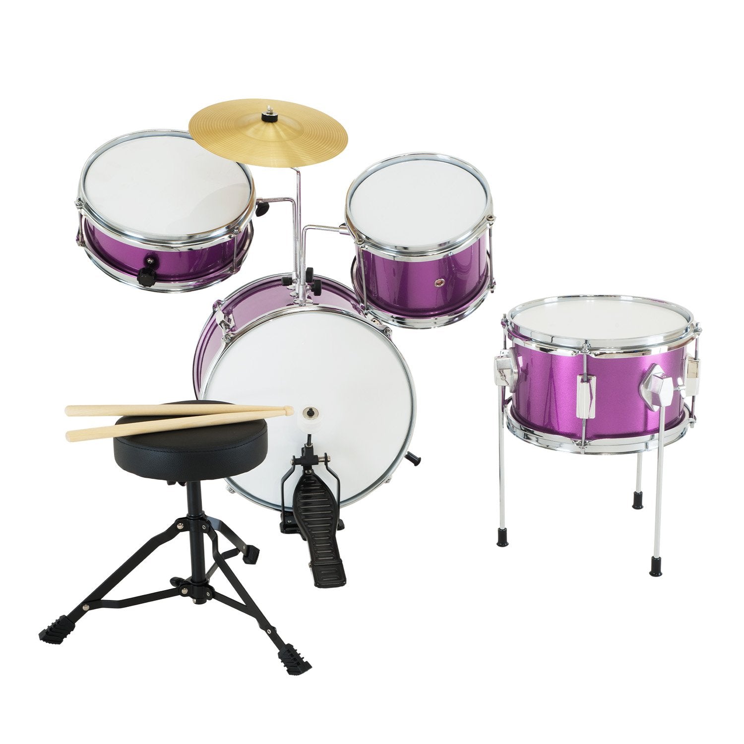 Karrera Children's 4pc Drum Kit in Purple with bass drum, toms, snare, cymbal, and drumsticks.