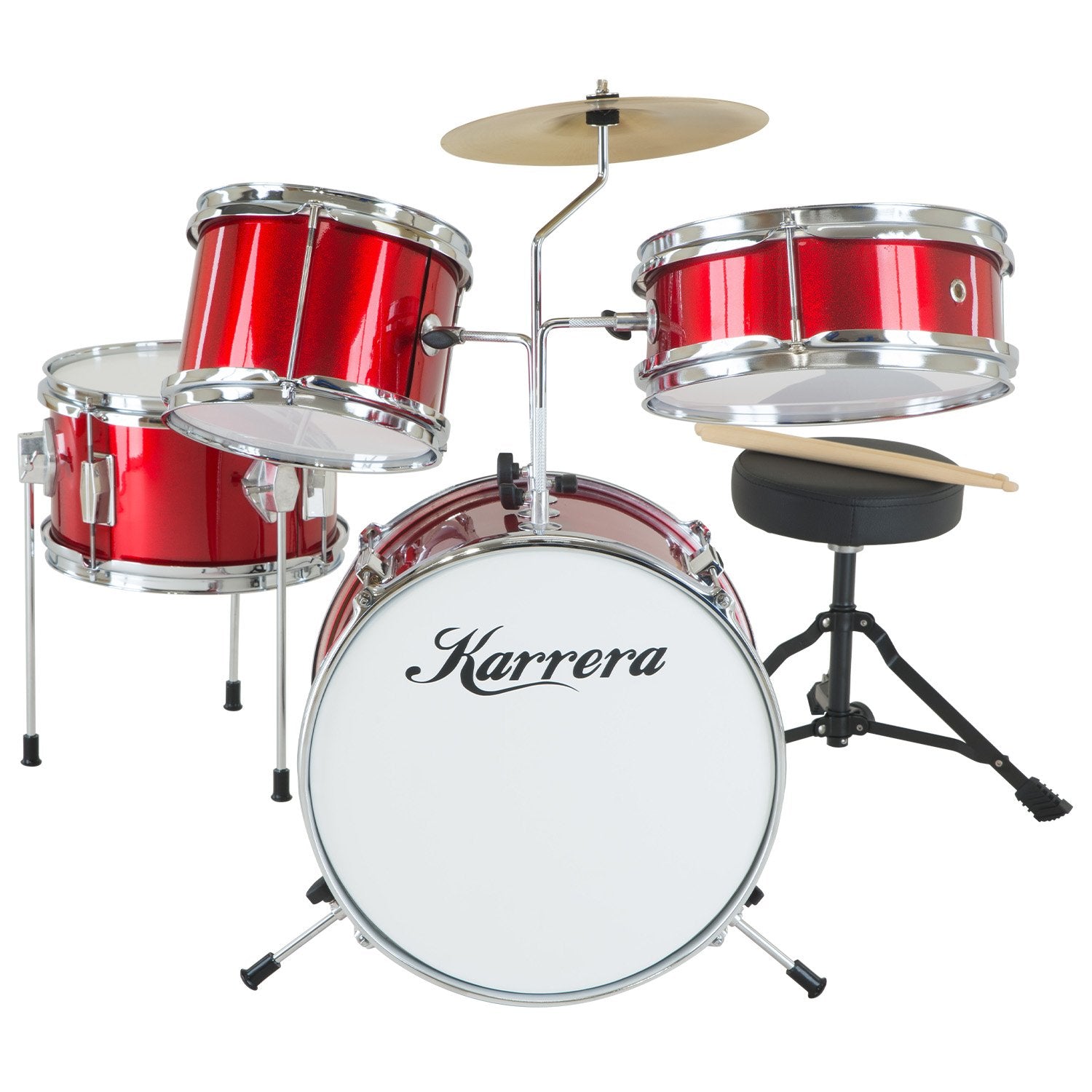 Karrera Children's 4pc Drum Kit in Red, featuring a bass drum, tom drums, snare drum, cymbal, and drumsticks, designed for young aspiring drummers.