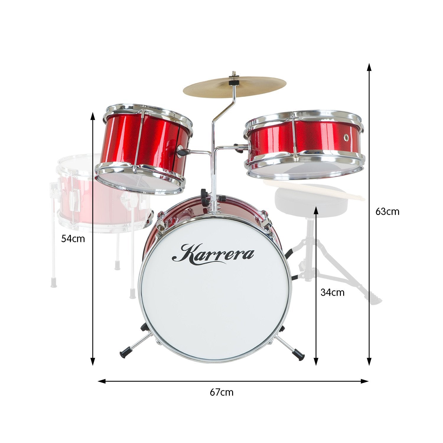 Karrera Children's 4pc Drum Kit in Red, featuring a bass drum, tom drums, snare drum, cymbal, and drumsticks, designed for young aspiring drummers.