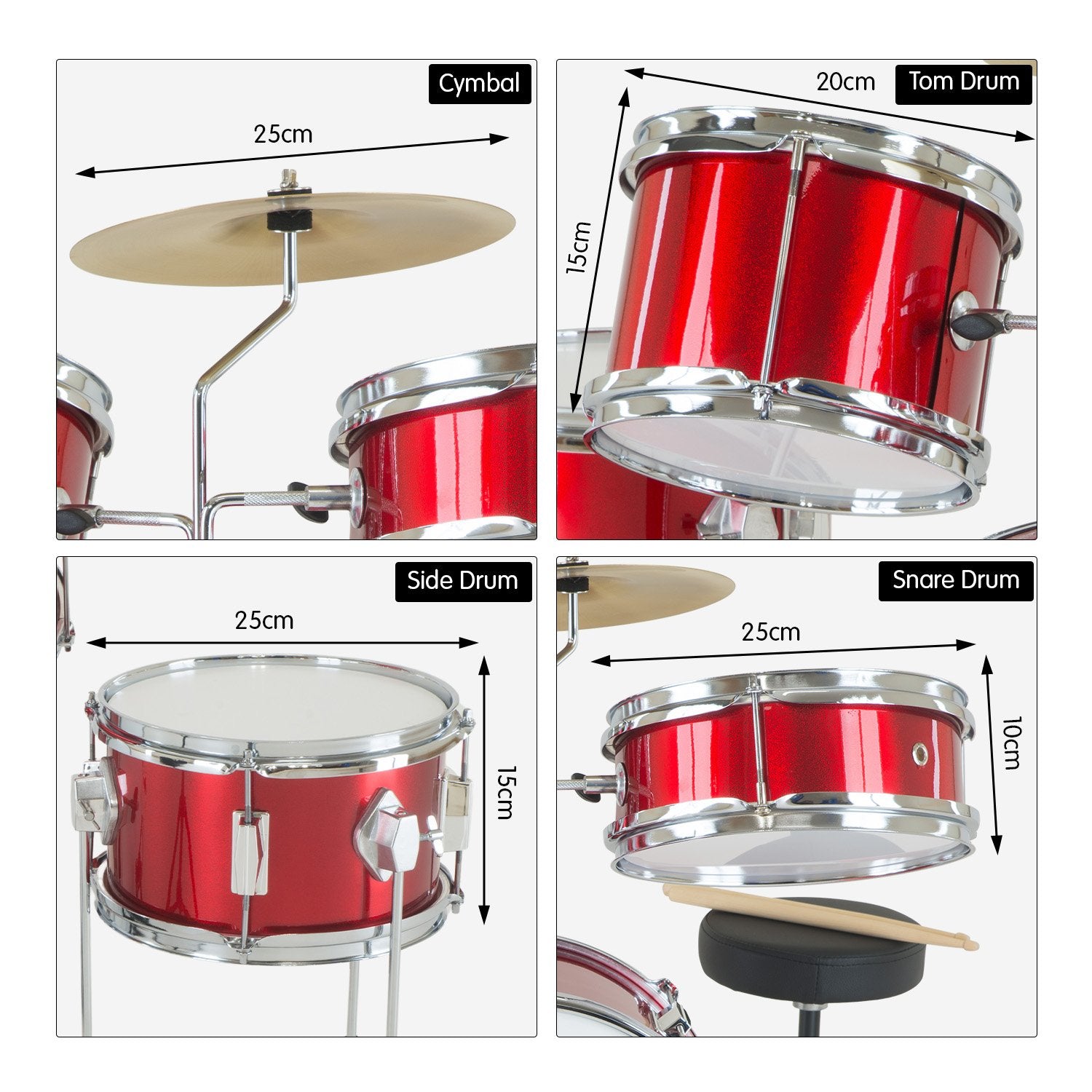 Karrera Children's 4pc Drum Kit in Red, featuring a bass drum, tom drums, snare drum, cymbal, and drumsticks, designed for young aspiring drummers.