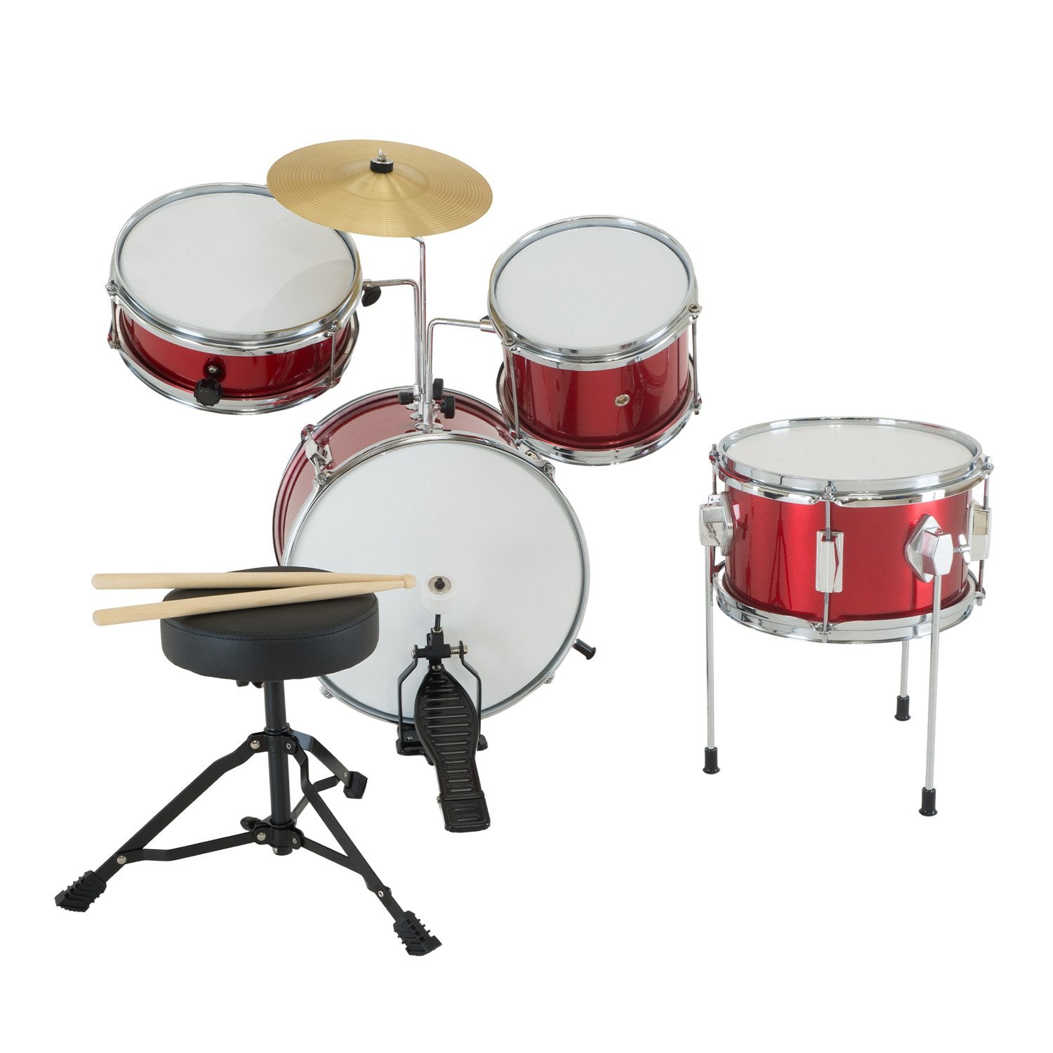 Karrera Children's 4pc Drum Kit in Red, featuring a bass drum, tom drums, snare drum, cymbal, and drumsticks, designed for young aspiring drummers.