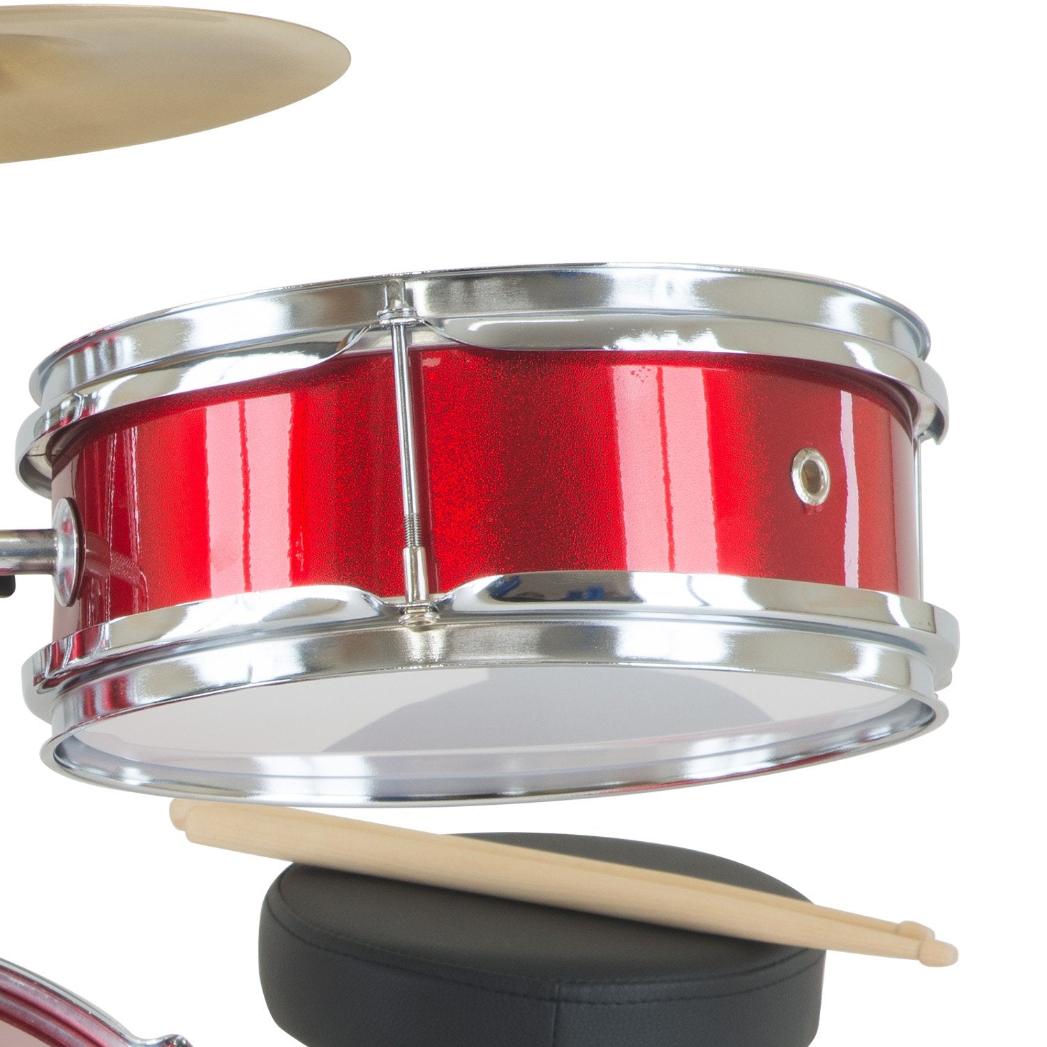 Karrera Children's 4pc Drum Kit in Red, featuring a bass drum, tom drums, snare drum, cymbal, and drumsticks, designed for young aspiring drummers.