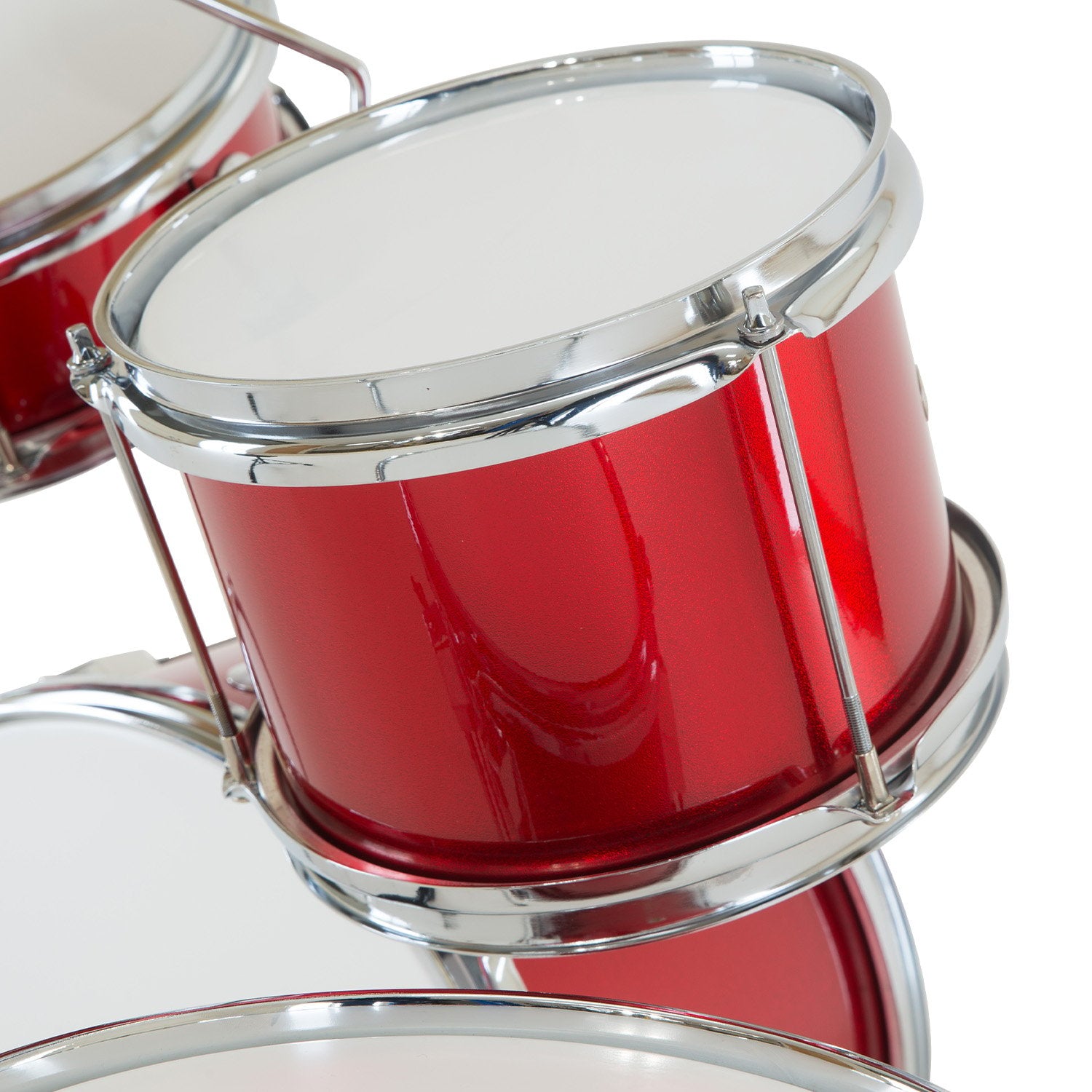 Karrera Children's 4pc Drum Kit in Red, featuring a bass drum, tom drums, snare drum, cymbal, and drumsticks, designed for young aspiring drummers.