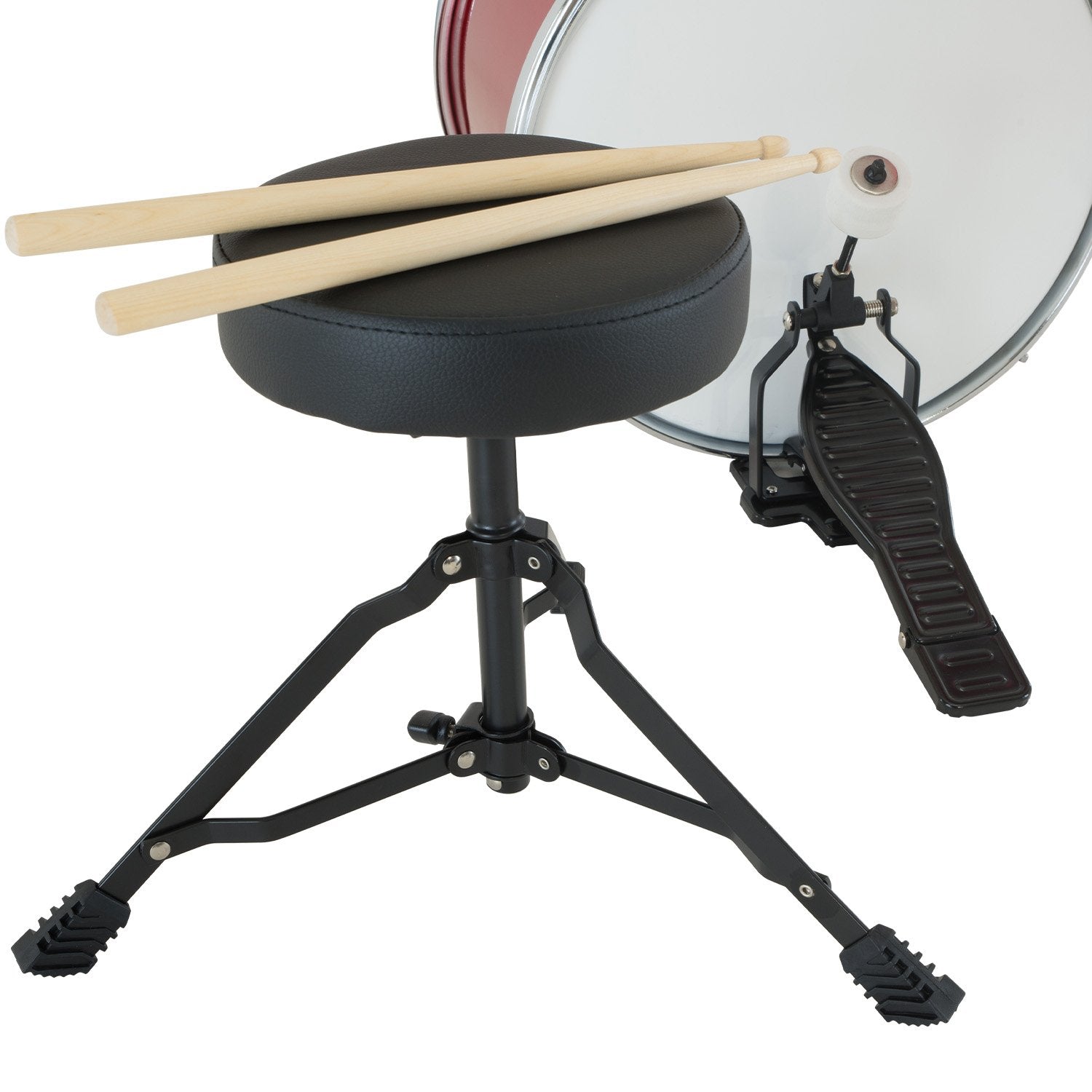 Karrera Children's 4pc Drum Kit in Red, featuring a bass drum, tom drums, snare drum, cymbal, and drumsticks, designed for young aspiring drummers.