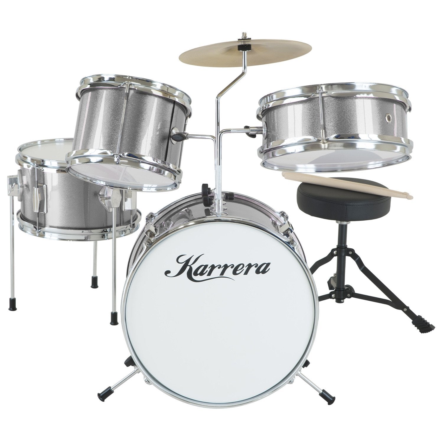 Karrera Children's 4pc Drum Kit in silver with drumsticks, stool, and cymbal, designed for young drummers.