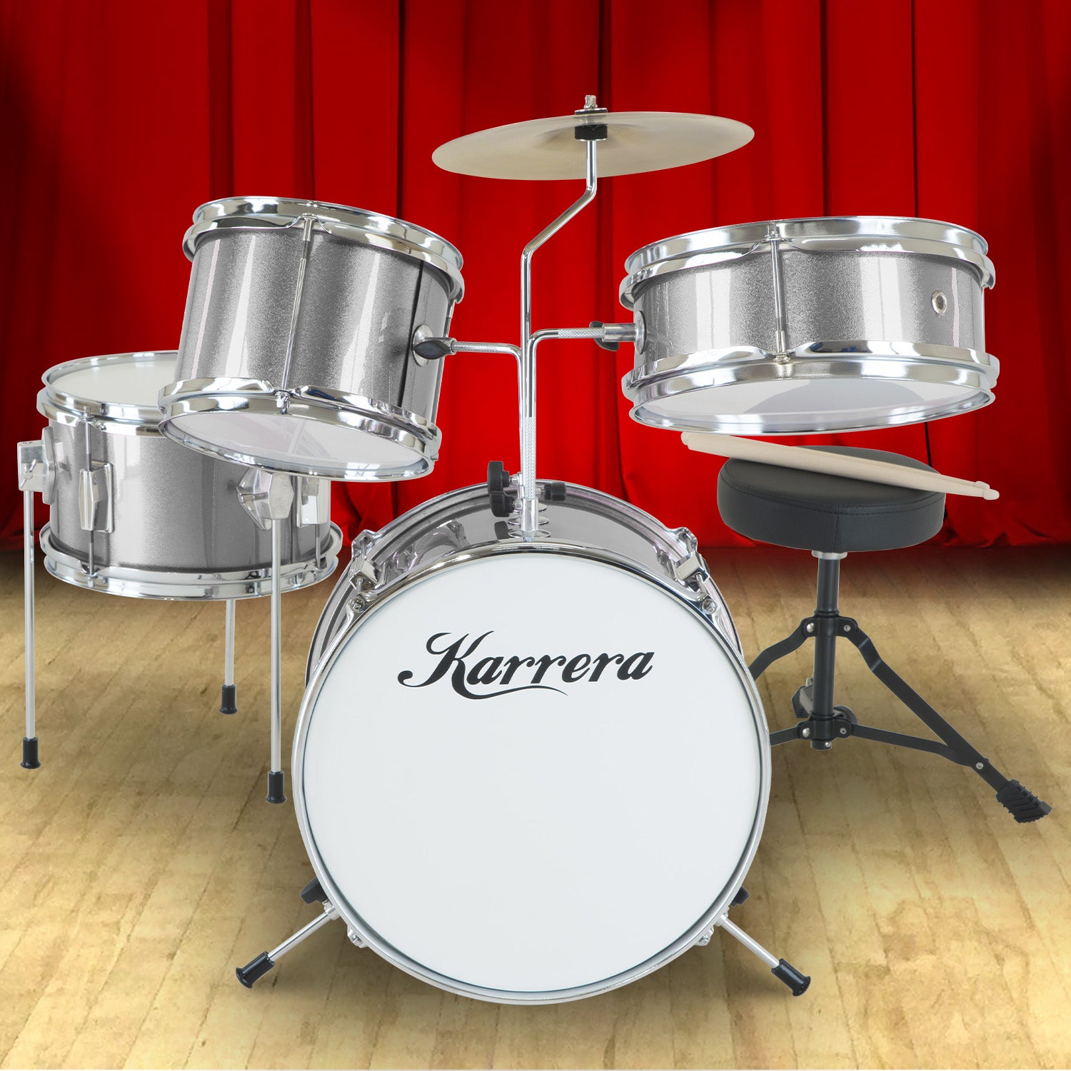 Karrera Children's 4pc Drum Kit in silver with drumsticks, stool, and cymbal, designed for young drummers.