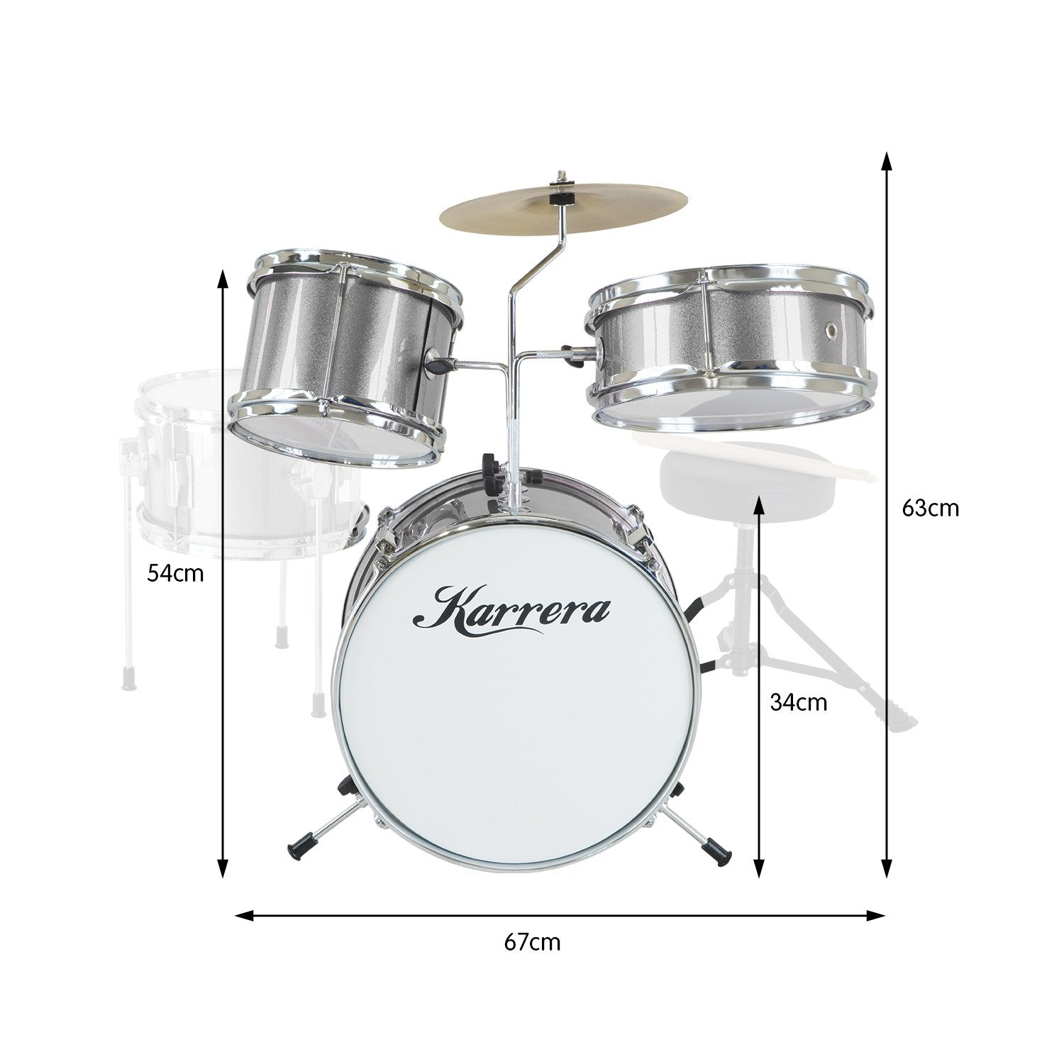 Karrera Children's 4pc Drum Kit in silver with drumsticks, stool, and cymbal, designed for young drummers.