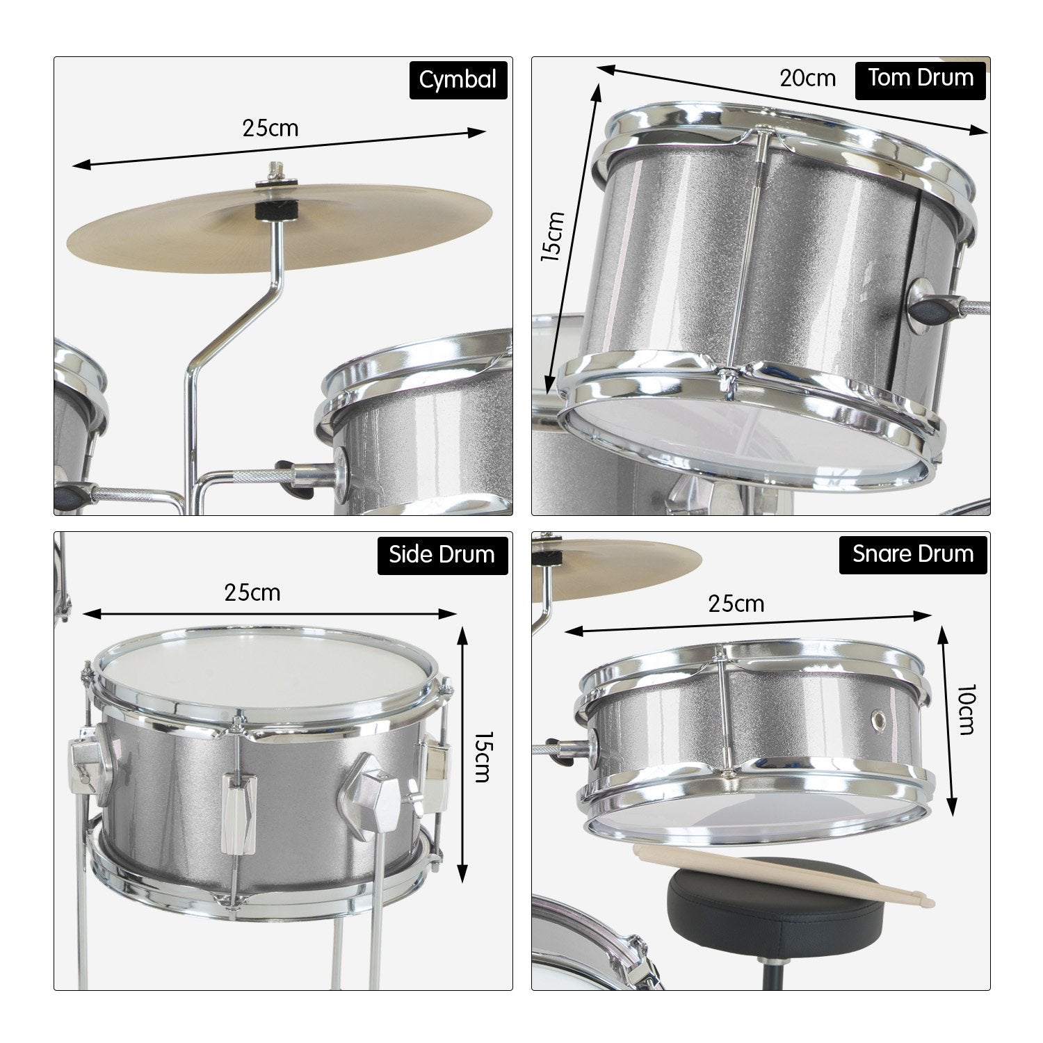 Karrera Children's 4pc Drum Kit in silver with drumsticks, stool, and cymbal, designed for young drummers.