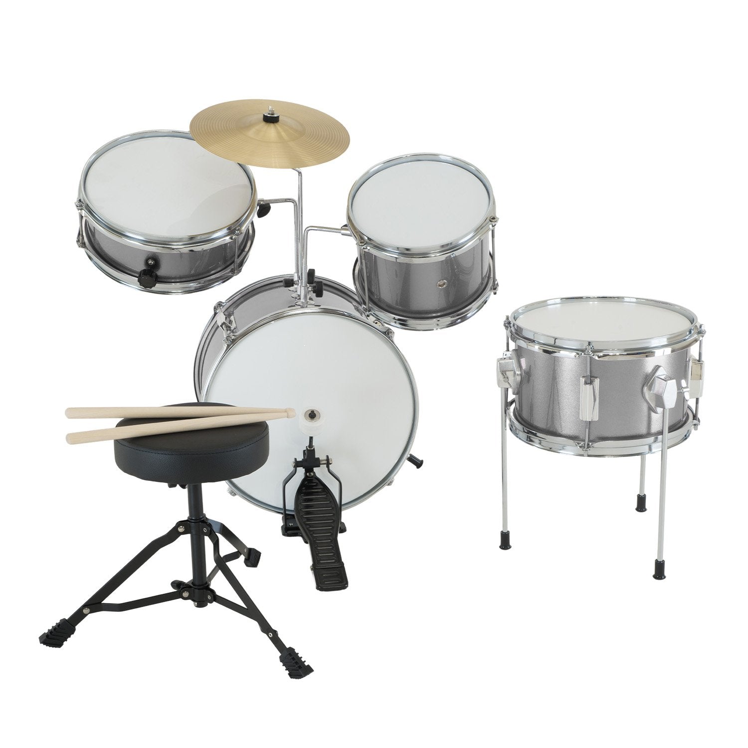 Karrera Children's 4pc Drum Kit in silver with drumsticks, stool, and cymbal, designed for young drummers.