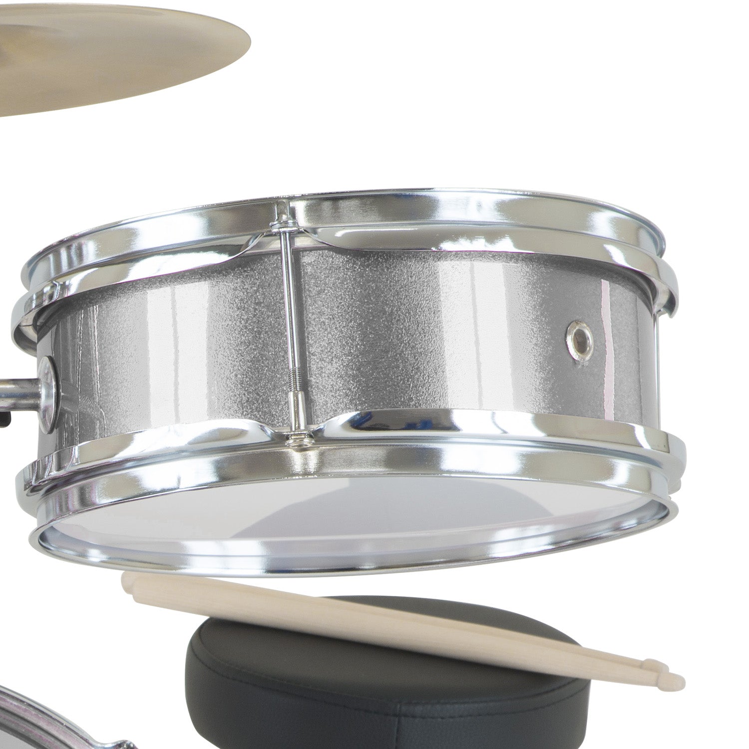 Karrera Children's 4pc Drum Kit in silver with drumsticks, stool, and cymbal, designed for young drummers.