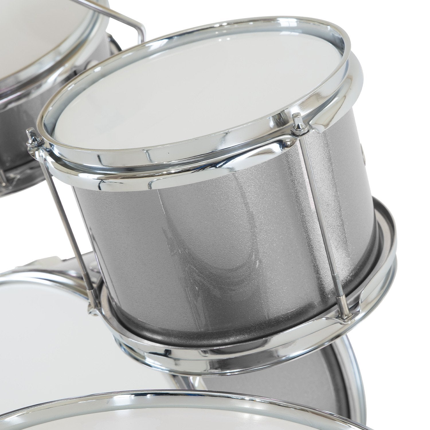 Karrera Children's 4pc Drum Kit in silver with drumsticks, stool, and cymbal, designed for young drummers.